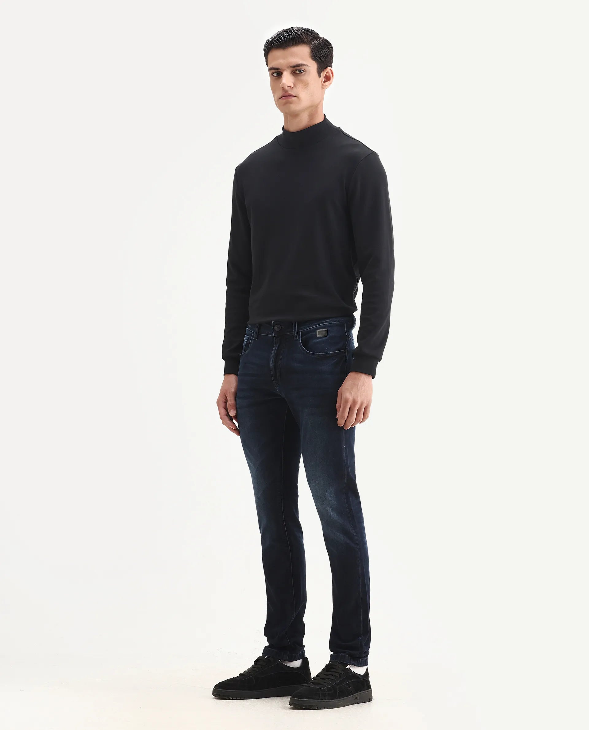 Rare Rabbit Men's Penelope Navy Cotton Plain Hawk Slim Fit Jeans