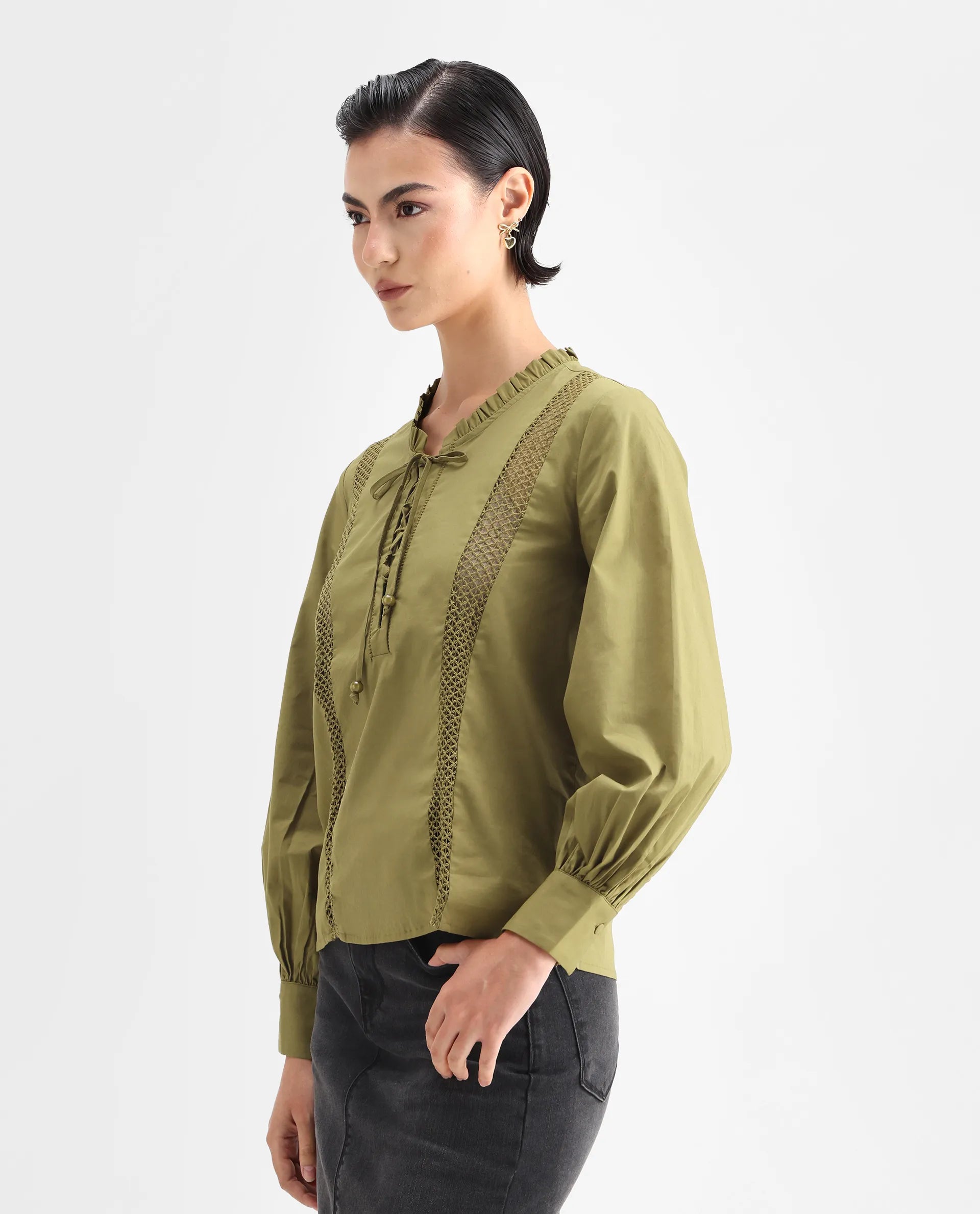 Rareism Women's Penla Light Green Cotton V-Neck Plain Cuffed Sleeve Regular Fit Top