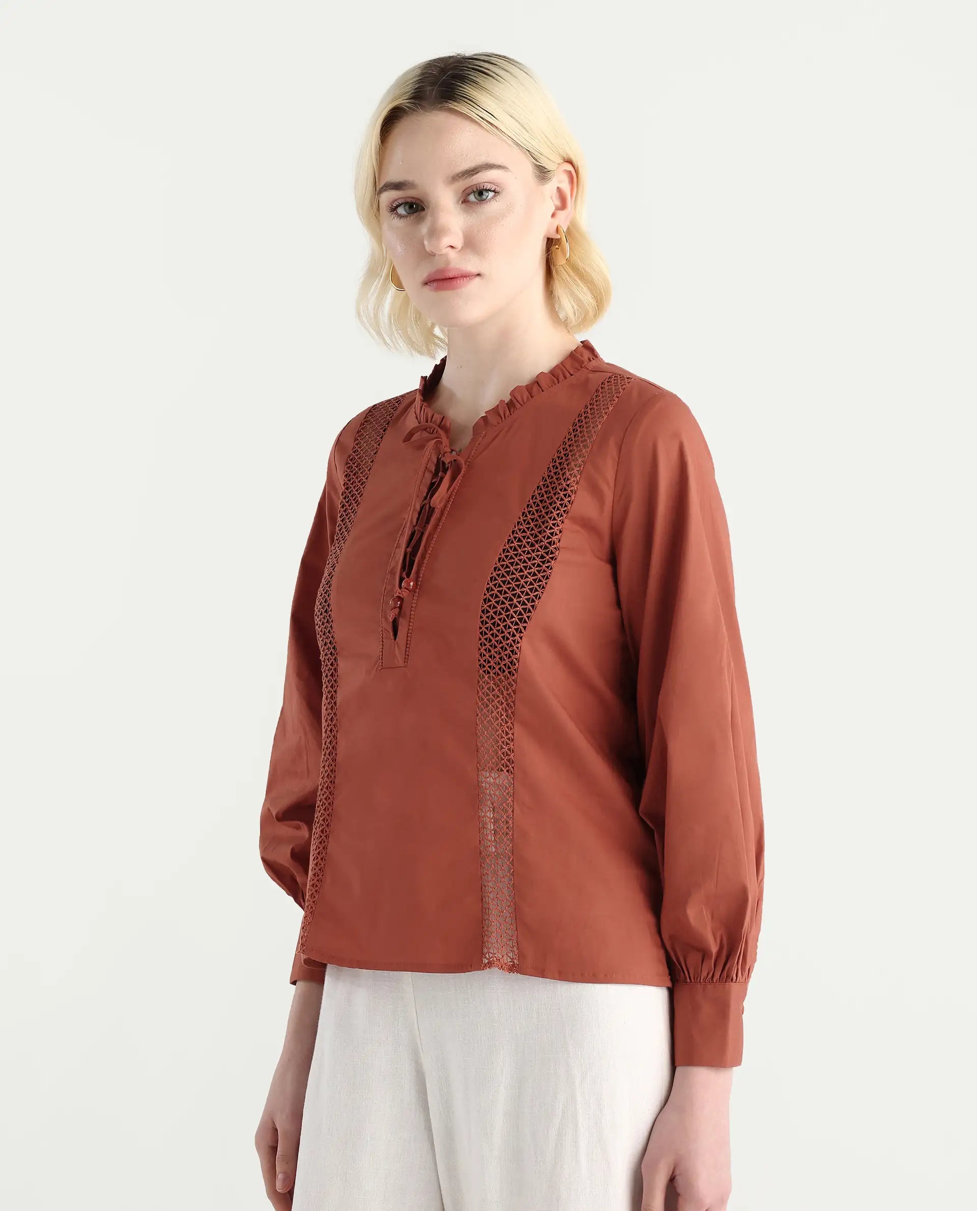 Rareism Women's Penla Rust Cotton V-Neck Plain Cuffed Sleeve Regular Fit Top