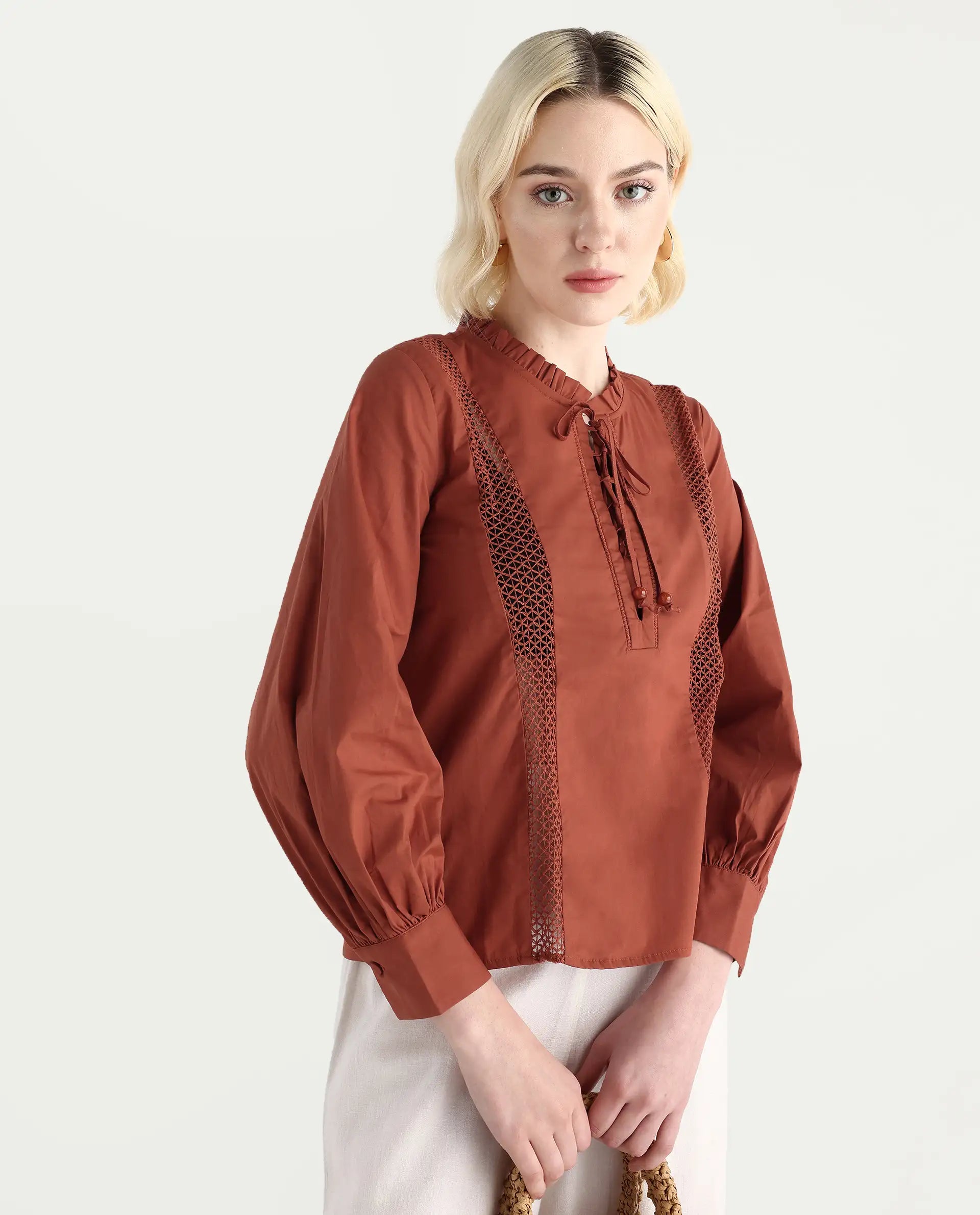 Rareism Women's Penla Rust Cotton V-Neck Plain Cuffed Sleeve Regular Fit Top
