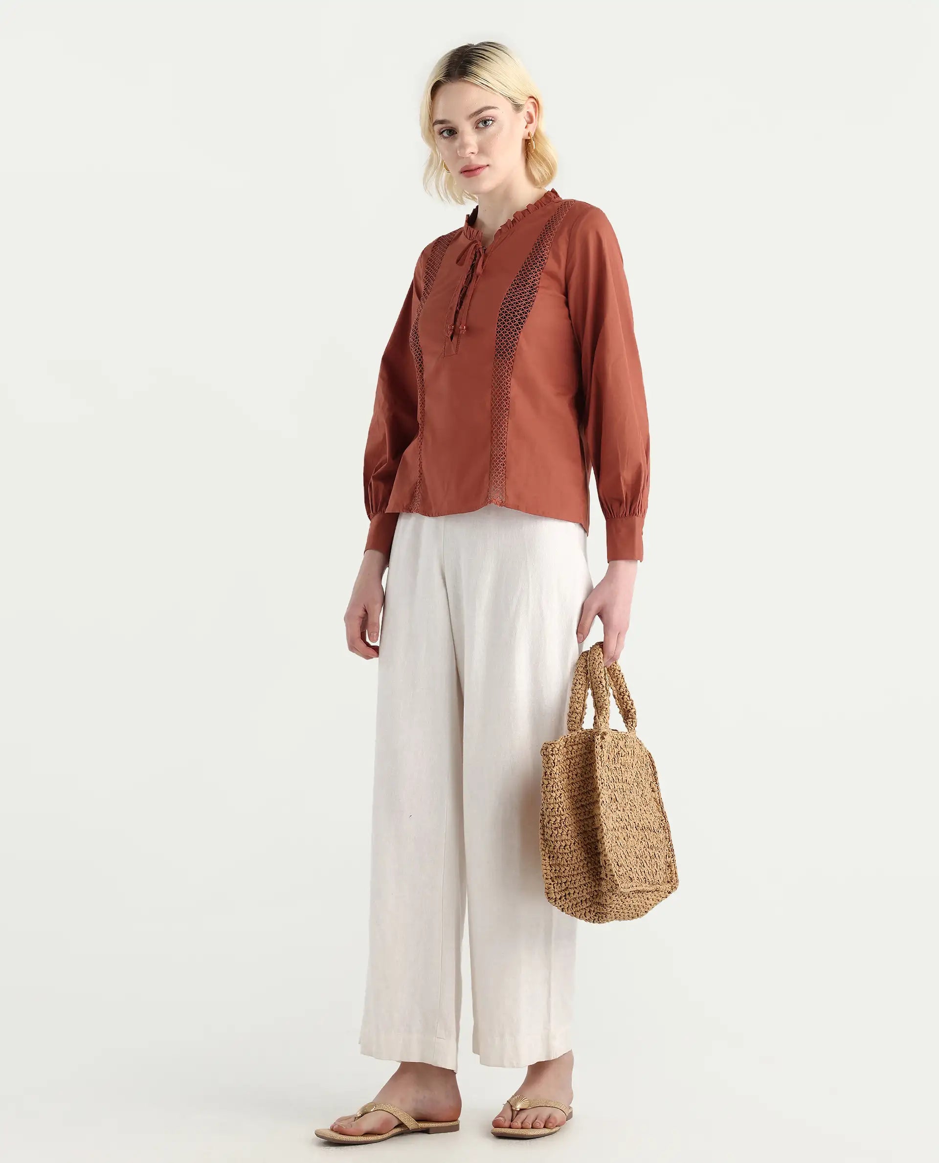 Rareism Women's Penla Rust Cotton V-Neck Plain Cuffed Sleeve Regular Fit Top