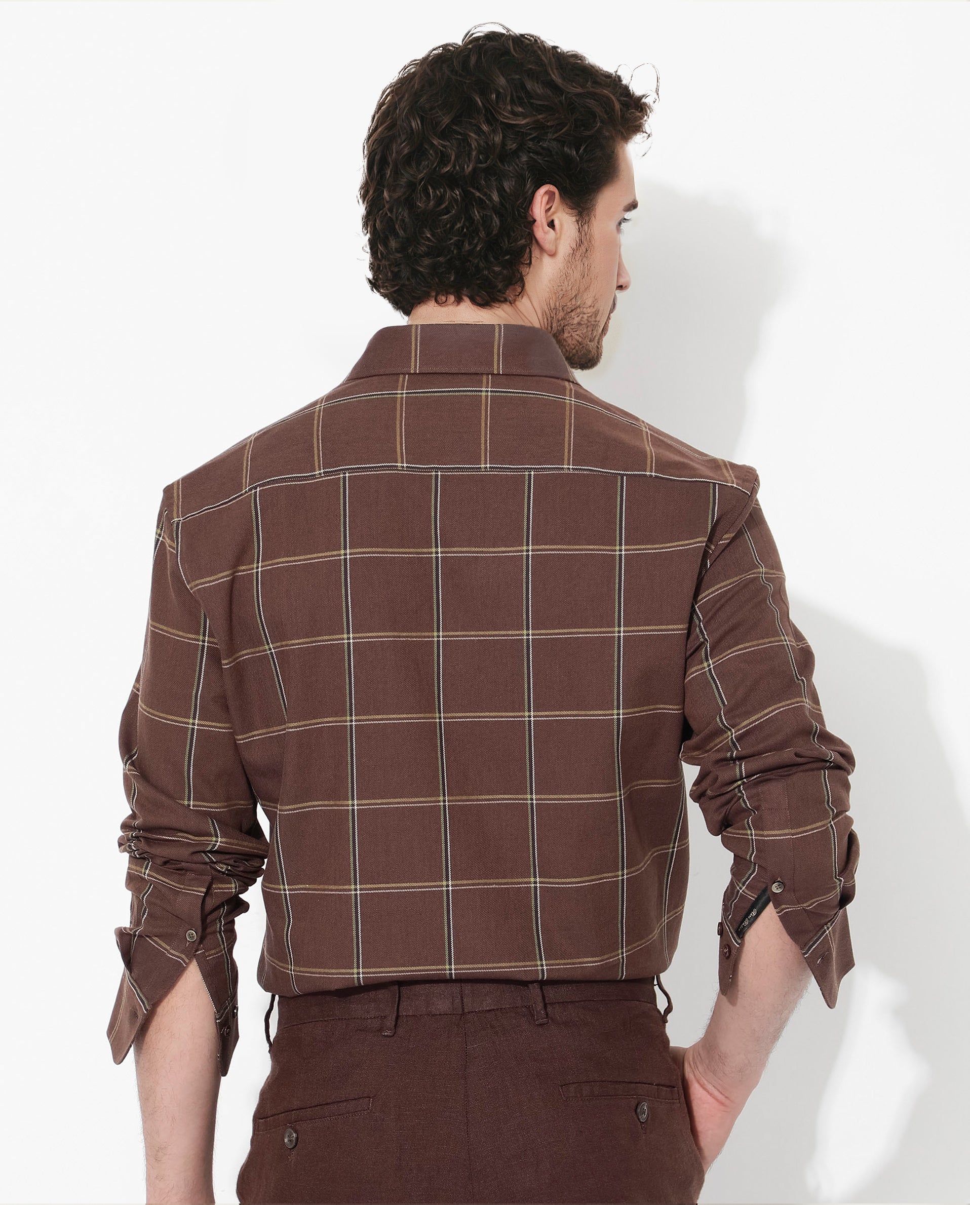 Rare Rabbit Men's Penza Brown Cotton Fabric Full Sleeve Regular Collar Slim Fit Checks Shirt