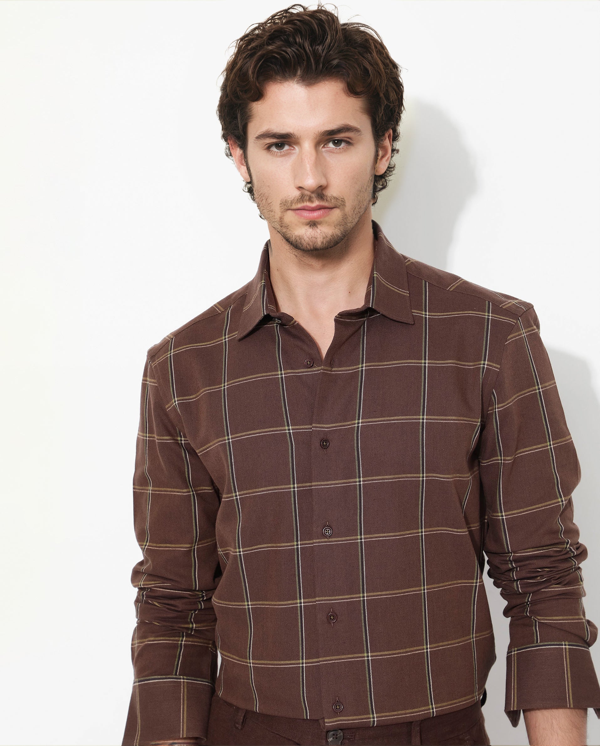 Rare Rabbit Men's Penza Brown Cotton Fabric Full Sleeve Regular Collar Slim Fit Checks Shirt
