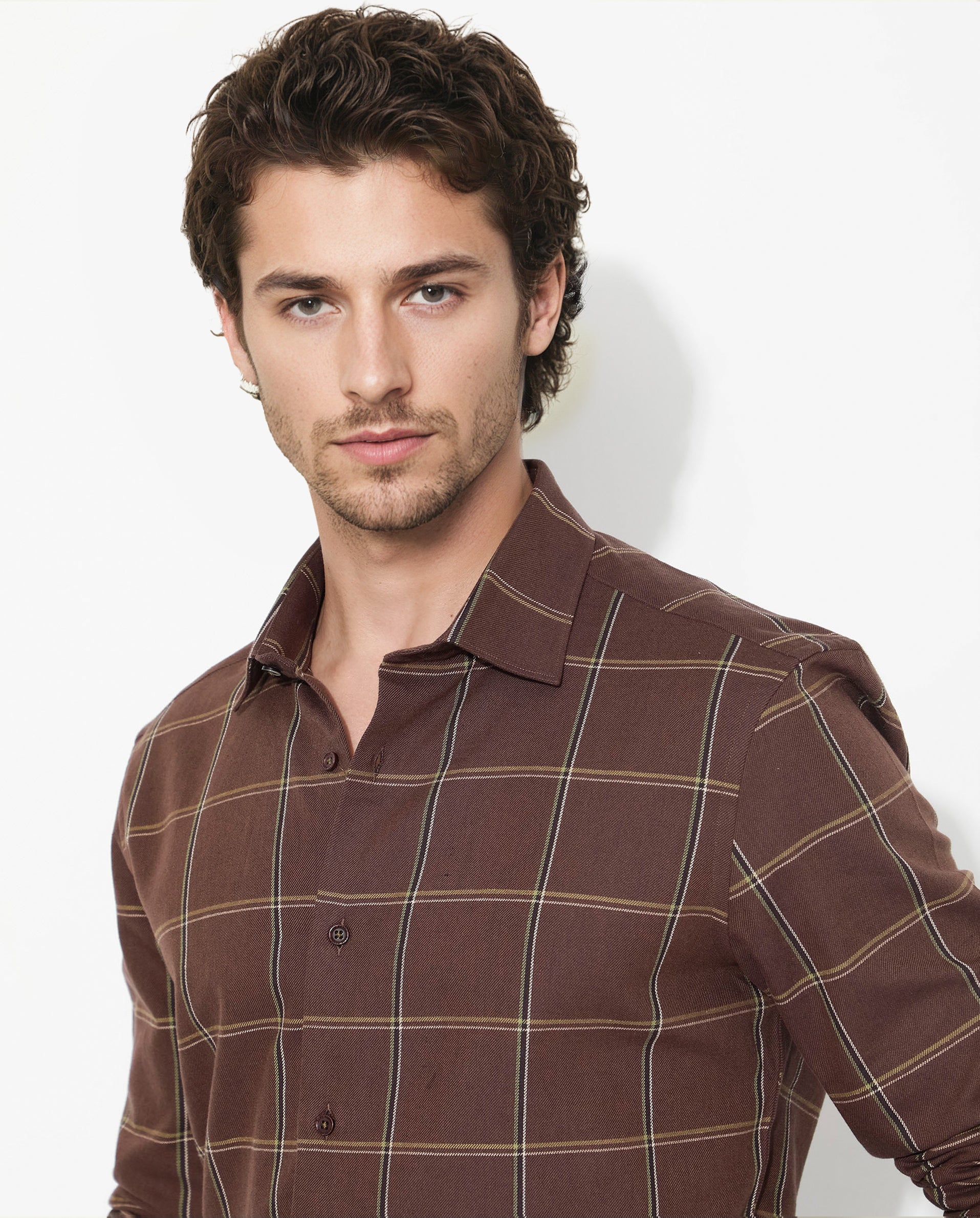 Rare Rabbit Men's Penza Brown Cotton Fabric Full Sleeve Regular Collar Slim Fit Checks Shirt