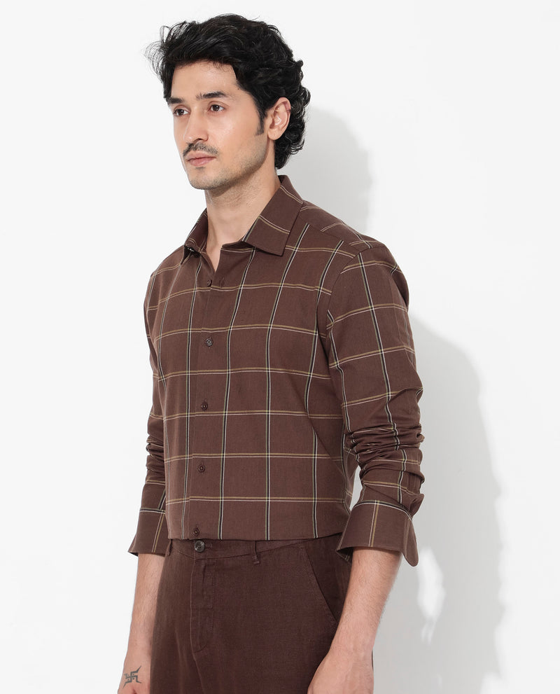Rare Rabbit Men's Penza Brown Cotton Fabric Full Sleeve Regular Collar Slim Fit Checks Shirt