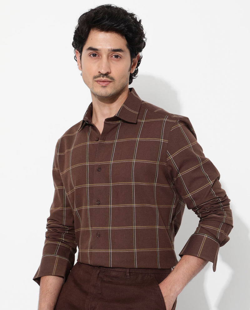 Rare Rabbit Men's Penza Brown Cotton Fabric Full Sleeve Regular Collar Slim Fit Checks Shirt
