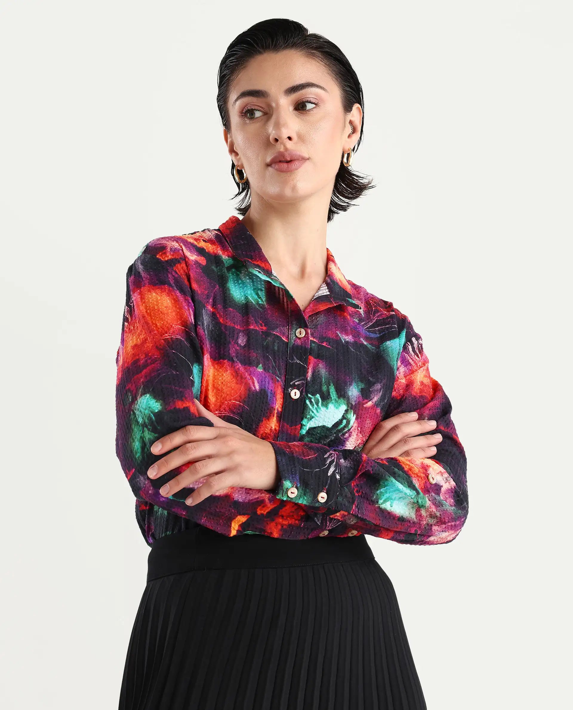 Rareism Women's Peptid Multi Cotton Blend Spread Collar Abstract Print Cuffed Sleeve Regular Fit Top