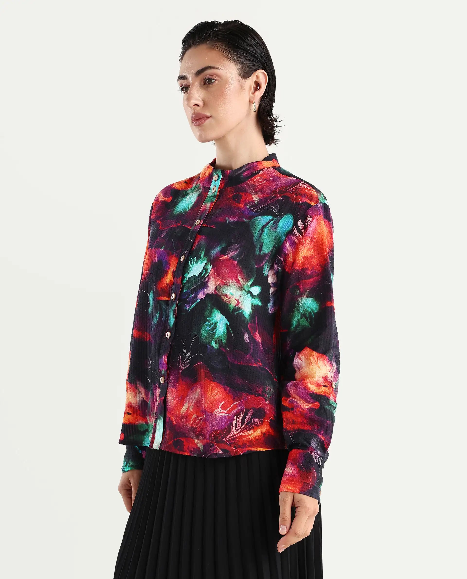 Rareism Women's Peptid Multi Cotton Blend Spread Collar Abstract Print Cuffed Sleeve Regular Fit Top