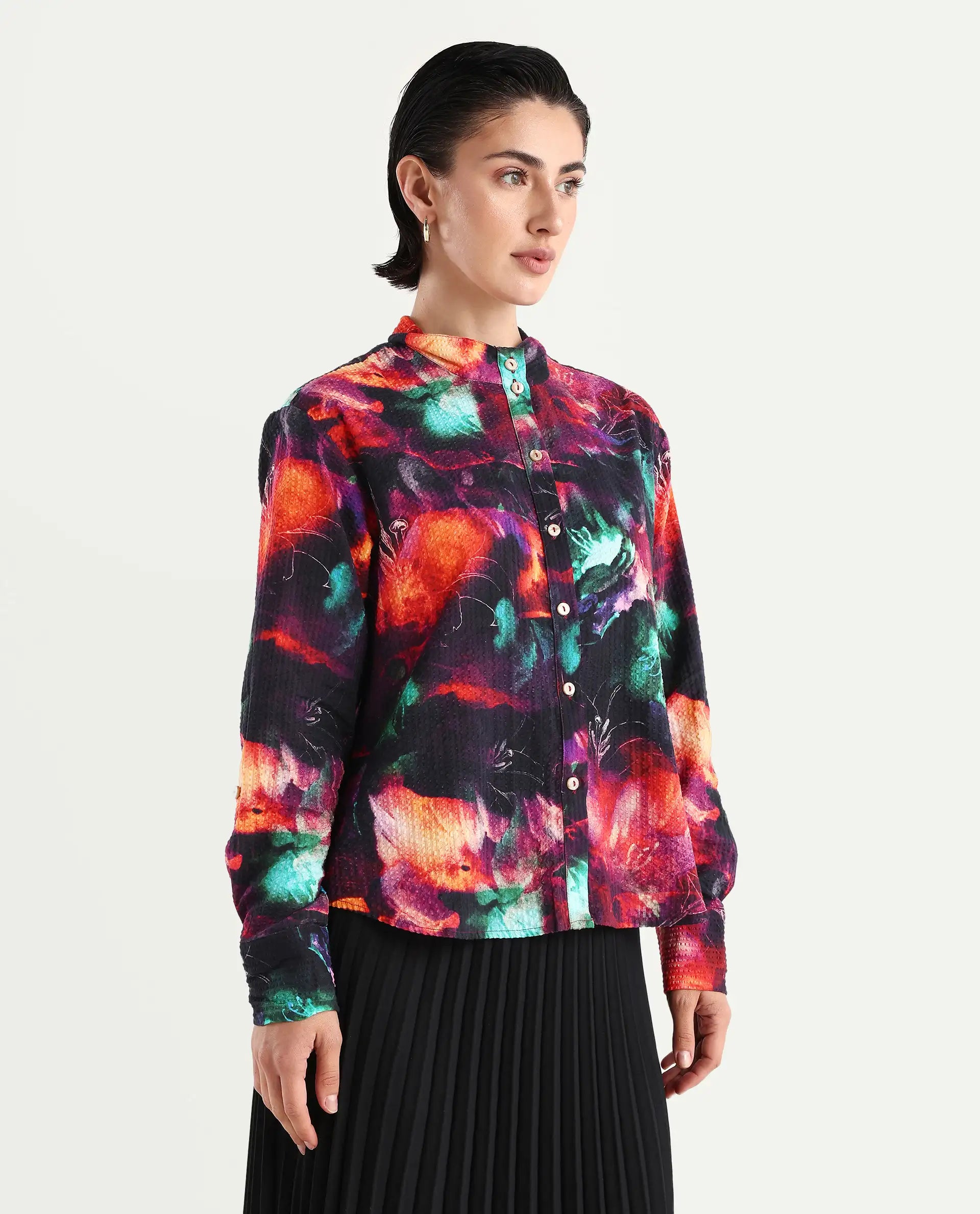 Rareism Women's Peptid Multi Cotton Blend Spread Collar Abstract Print Cuffed Sleeve Regular Fit Top