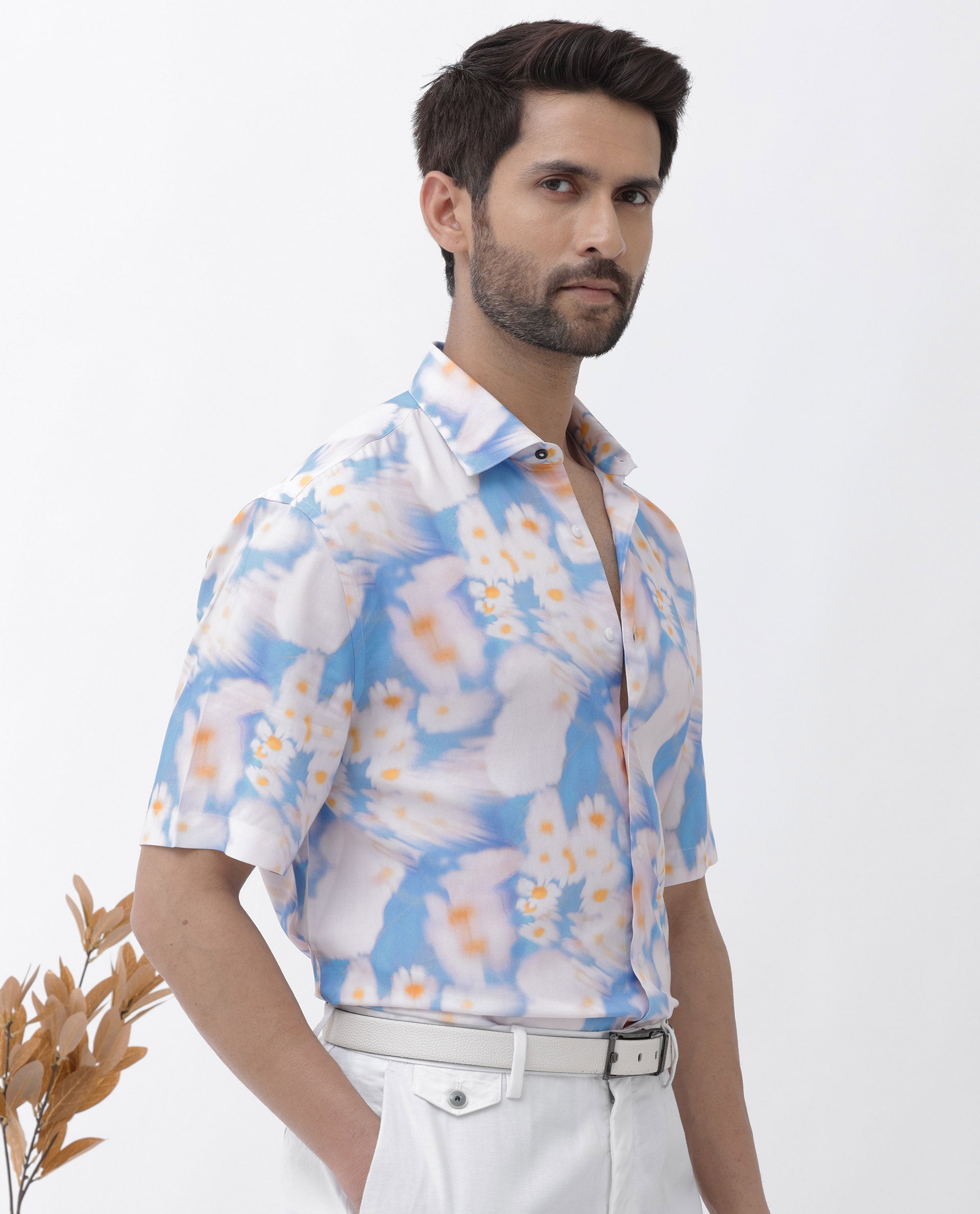 Rare Rabbit Mens Percim Blue Viscose Fabric Short Sleeve Boxy Fit Floral Print Shirt