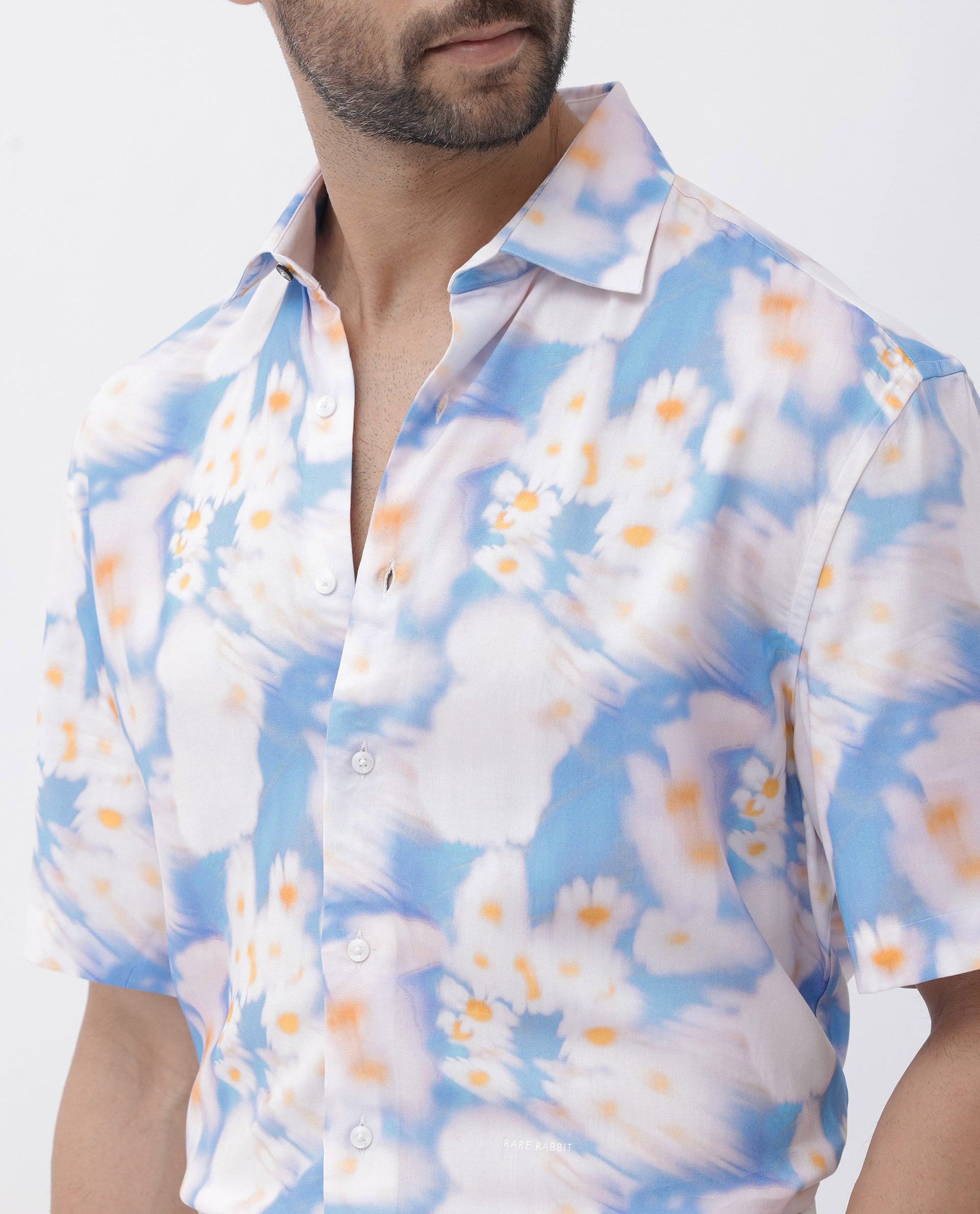 Rare Rabbit Mens Percim Blue Viscose Fabric Short Sleeve Boxy Fit Floral Print Shirt