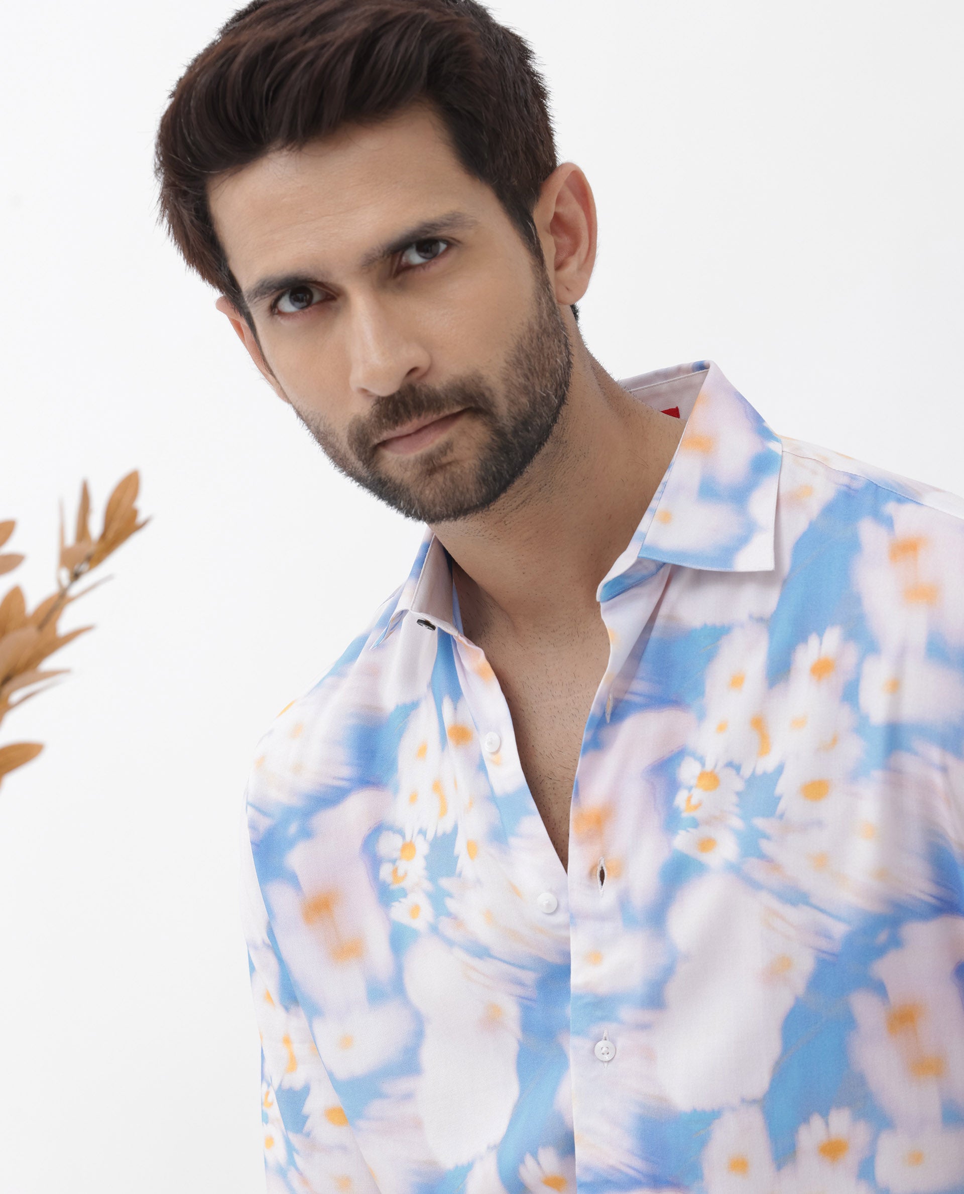 Rare Rabbit Mens Percim Blue Viscose Fabric Short Sleeve Boxy Fit Floral Print Shirt