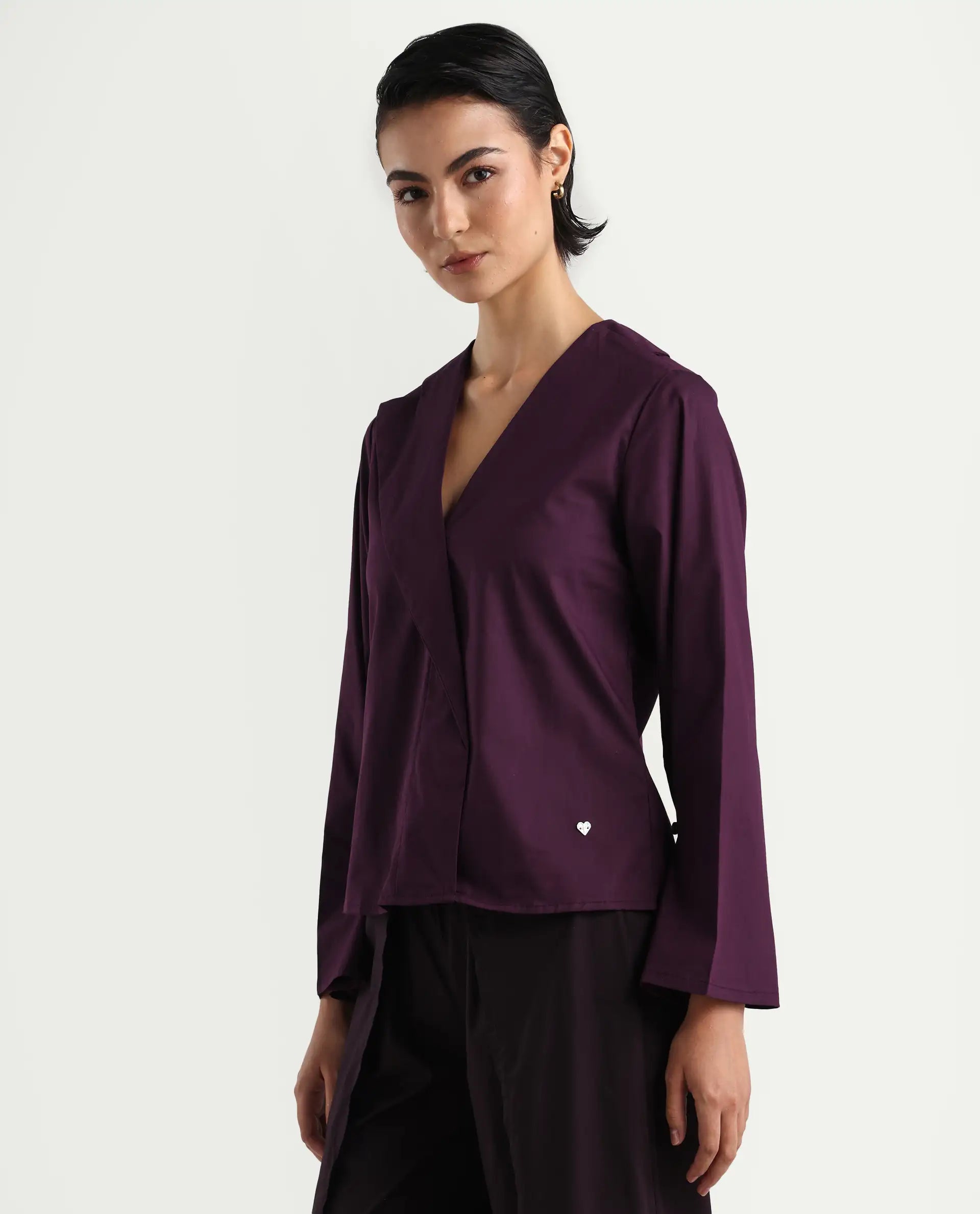 Rareism Women's Perdu Purple Cotton Blend V-Neck Plain Bell Sleeve Regular Fit Top