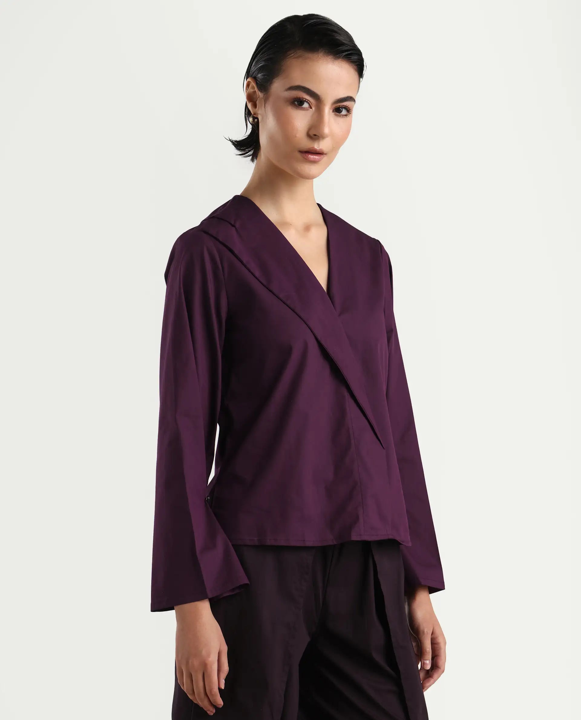 Rareism Women's Perdu Purple Cotton Blend V-Neck Plain Bell Sleeve Regular Fit Top