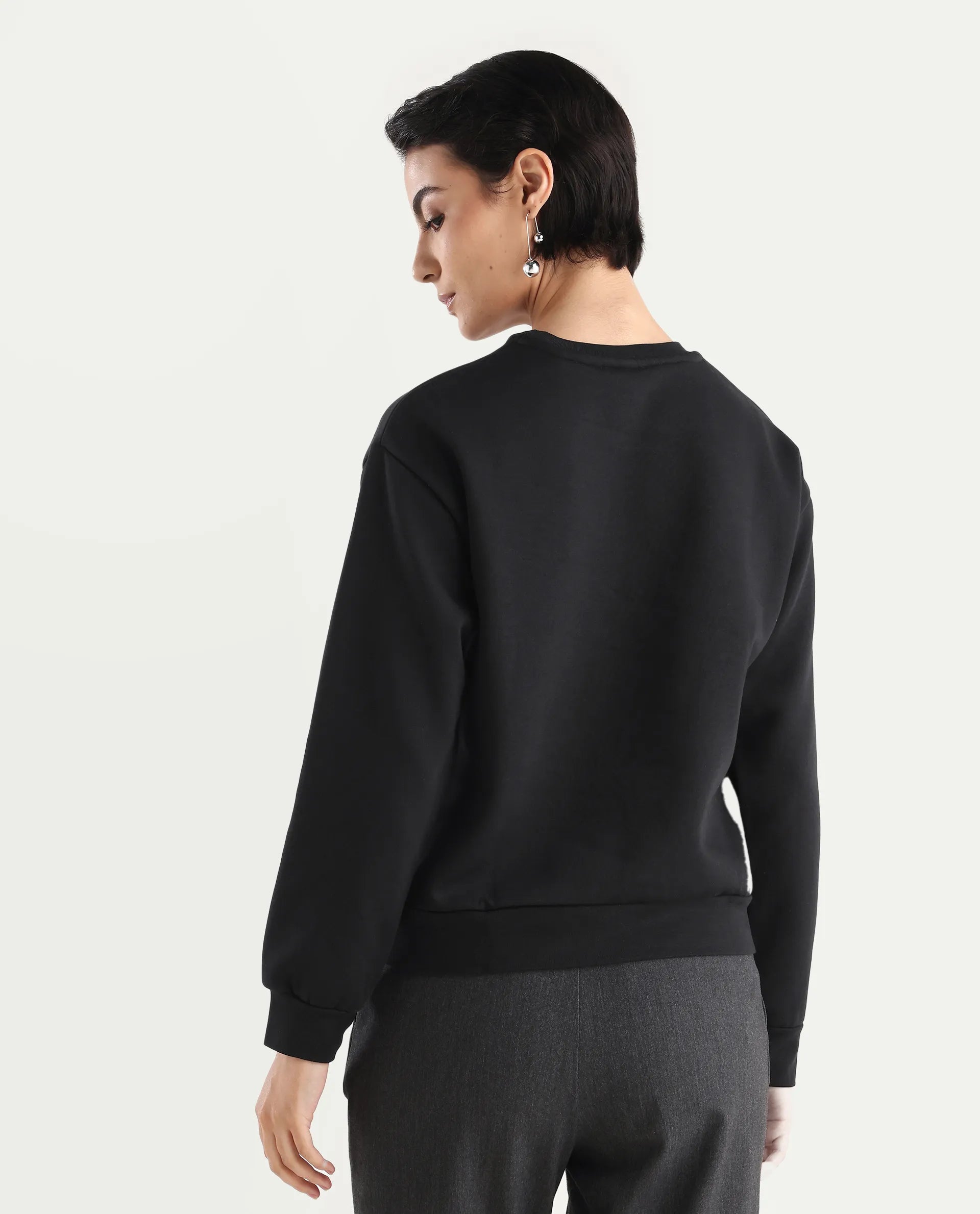 Rareism Women's Pere Black Cotton Blend Crew Neck Graphic Print Relaxed Fit Sweatshirt