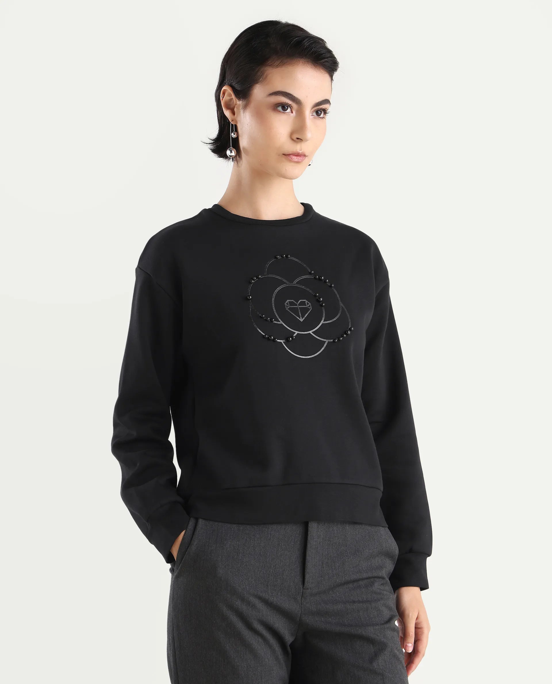 Rareism Women's Pere Black Cotton Blend Crew Neck Graphic Print Relaxed Fit Sweatshirt