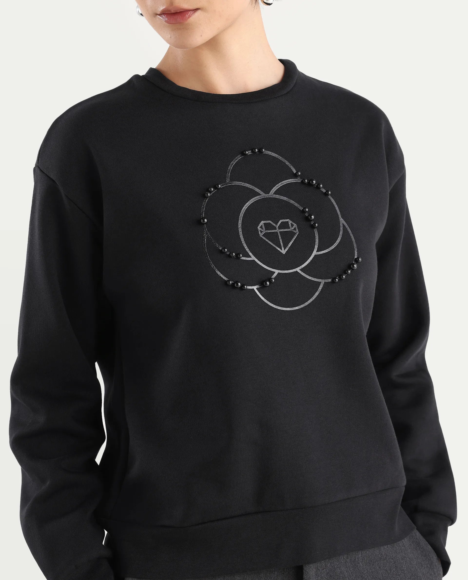 Rareism Women's Pere Black Cotton Blend Crew Neck Graphic Print Relaxed Fit Sweatshirt