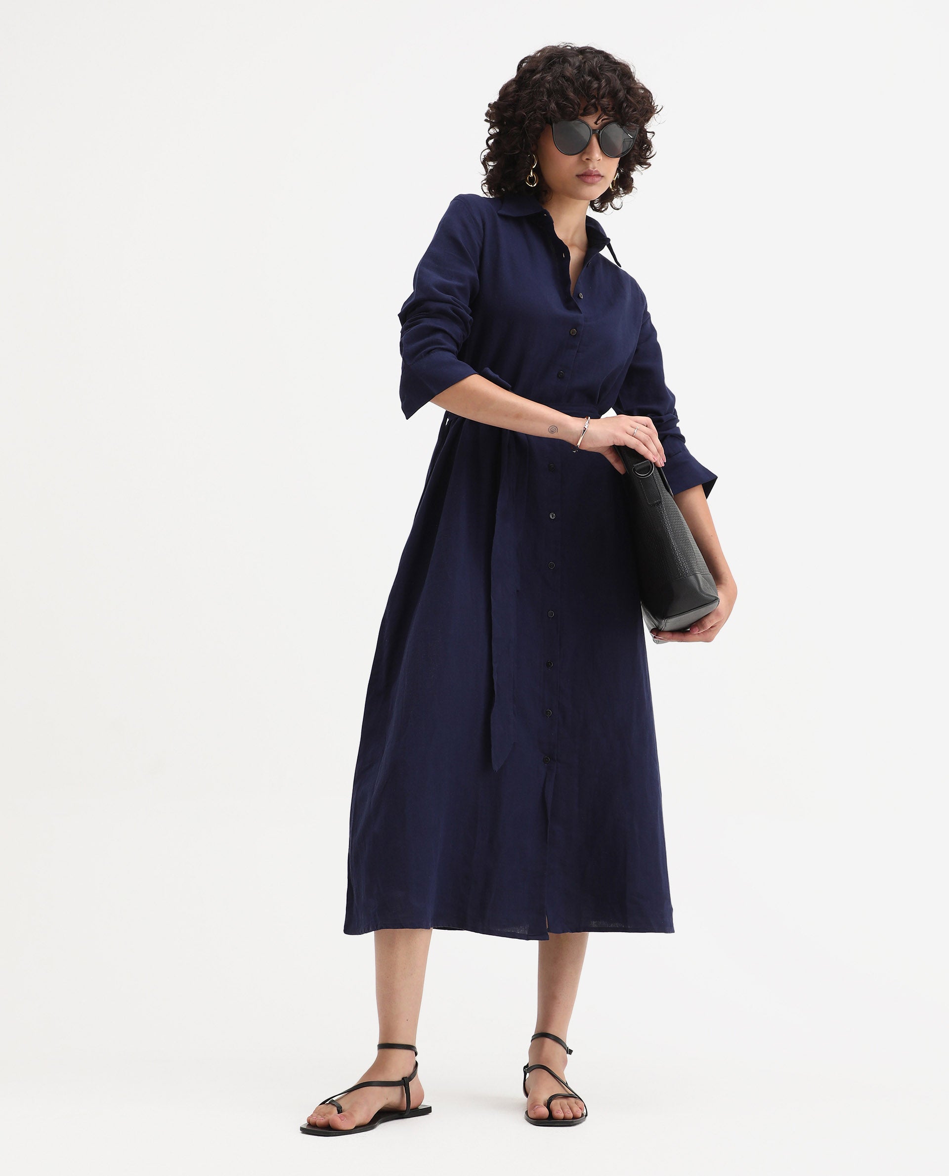 Rareism Women's Perif Dark Navy Cotton Blend Drop Collar Plain Cuffed Sleeve Midi A-Line Dress