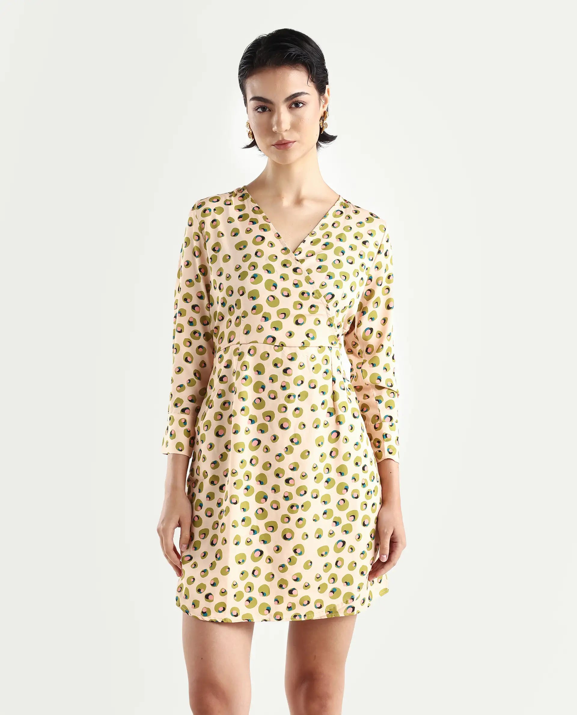 Rareism Women's Perk Peach Collarless Abstract Print Knee Length Regular Fit Dress