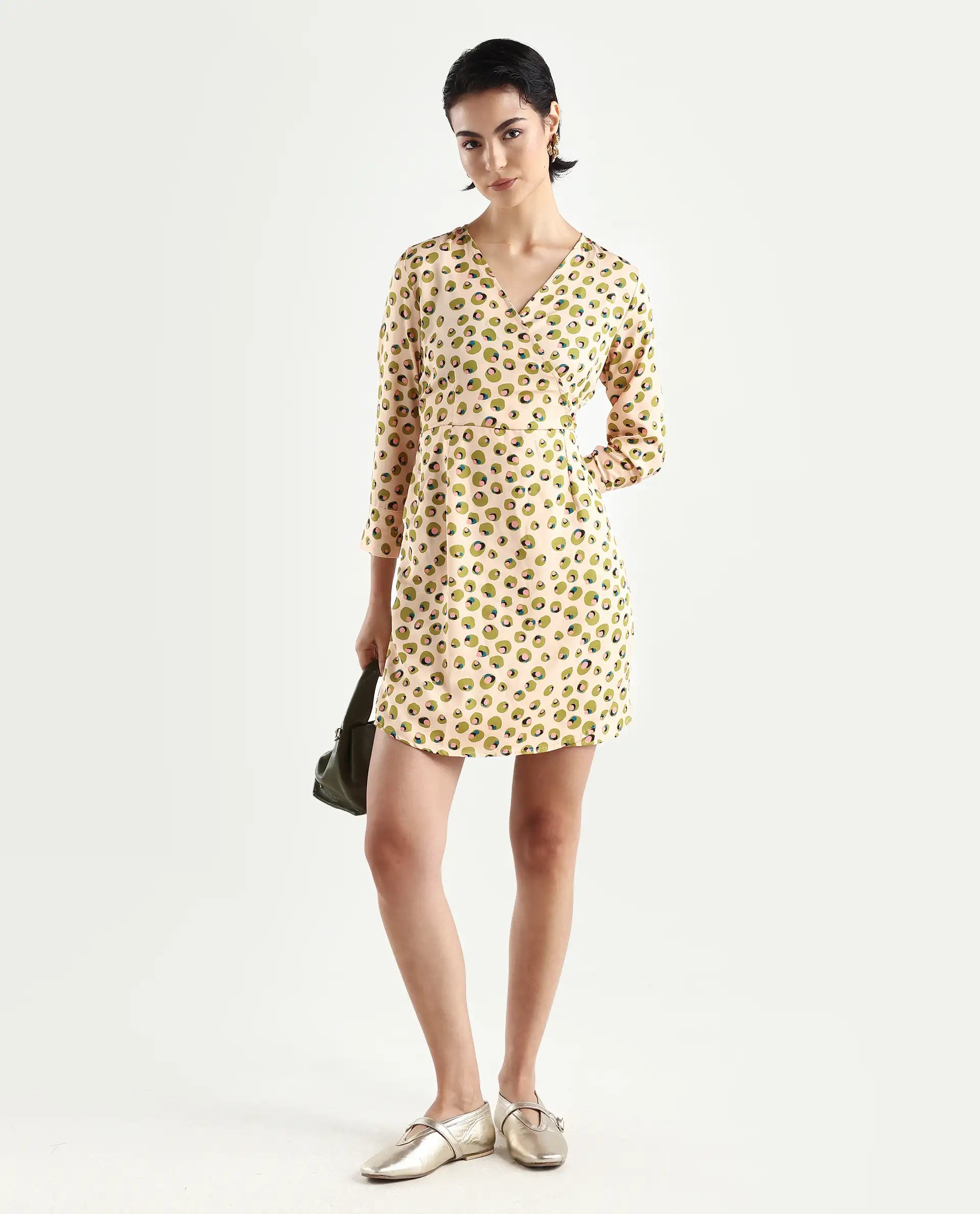 Rareism Women's Perk Peach Collarless Abstract Print Knee Length Regular Fit Dress