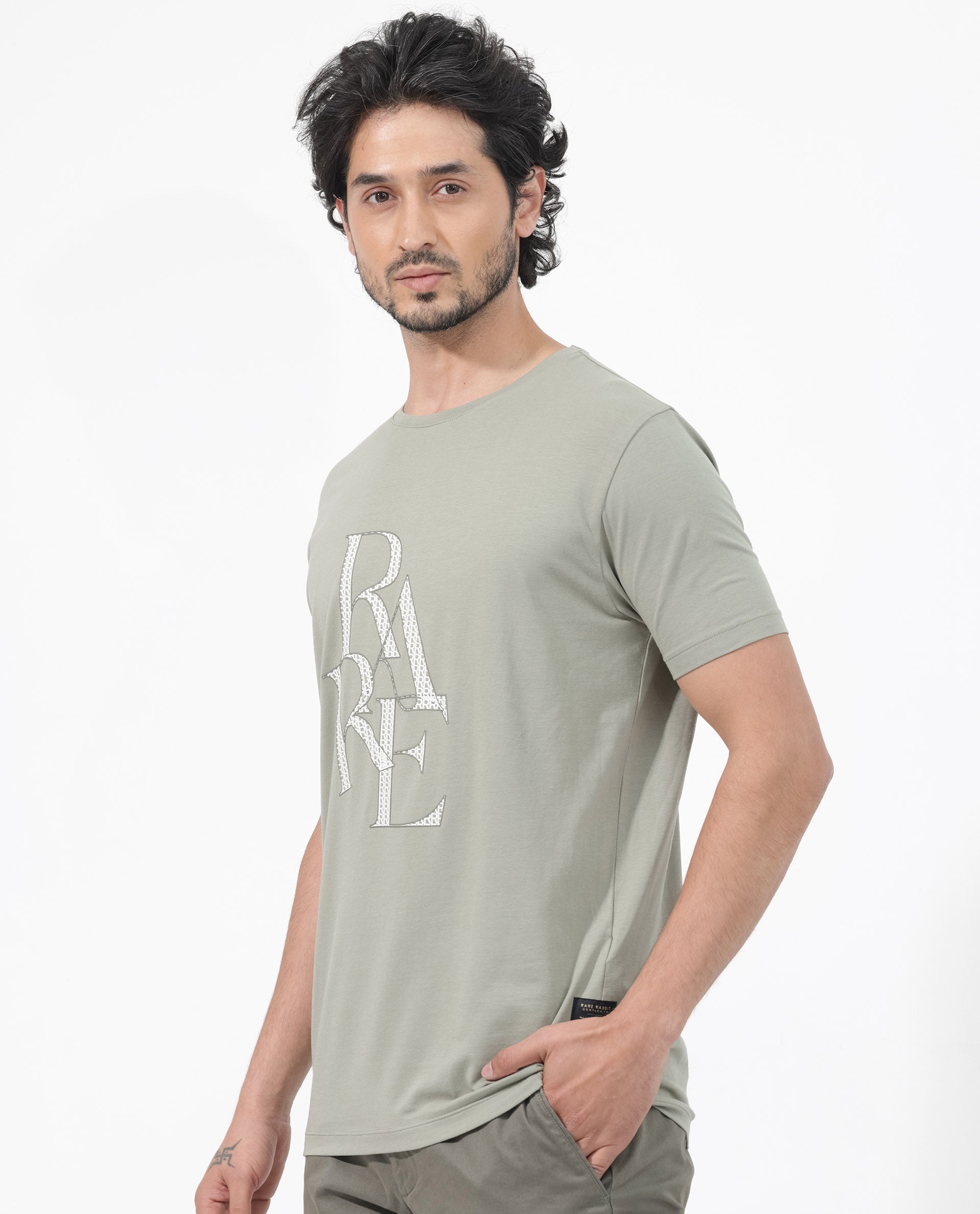 Rare Rabbit Articale Mens Perrin Dusky Green Cotton Polyester Fabric Short Sleeve Crew Neck Slim Fit Graphic Printed T-Shirt