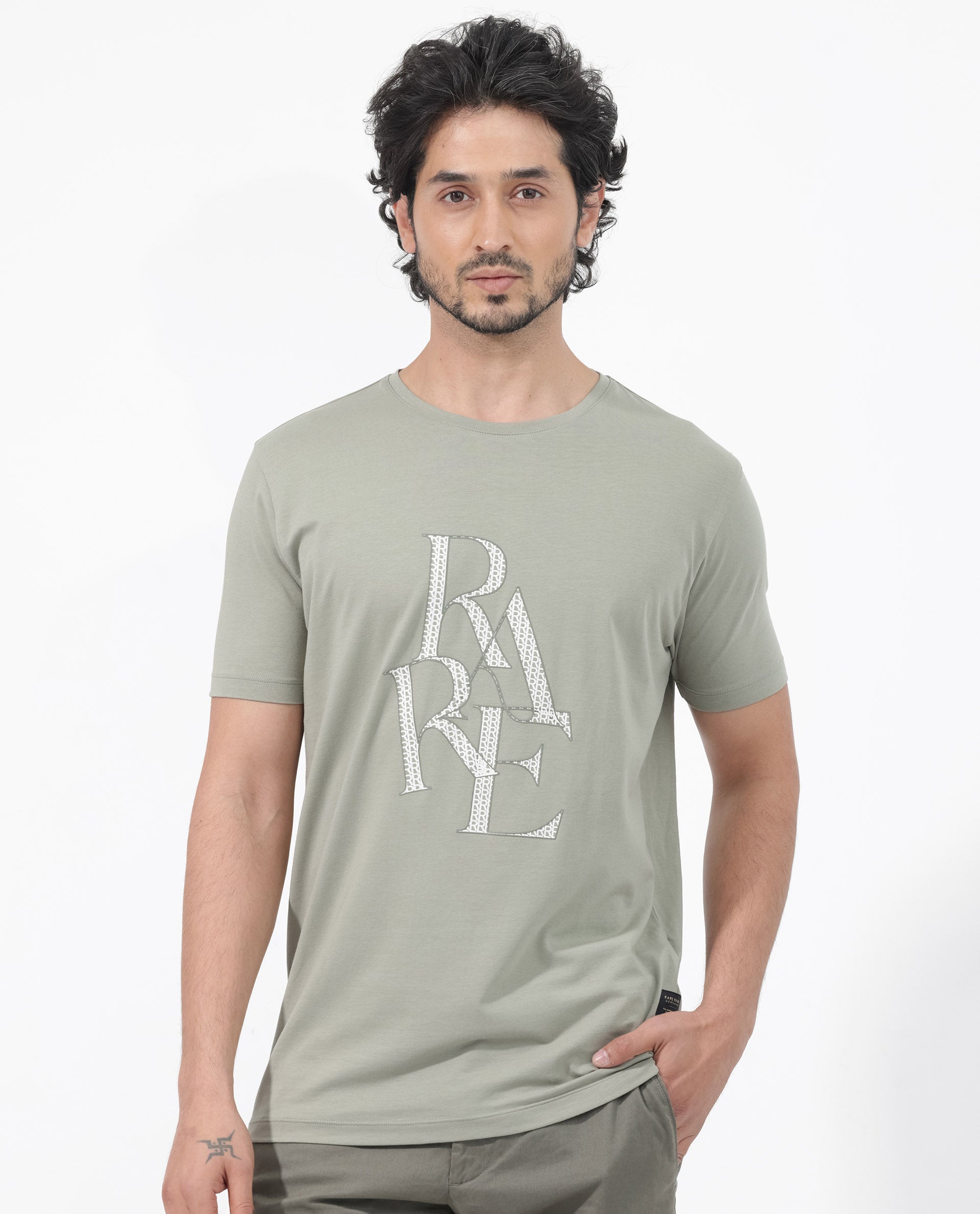 Rare Rabbit Articale Mens Perrin Dusky Green Cotton Polyester Fabric Short Sleeve Crew Neck Slim Fit Graphic Printed T-Shirt