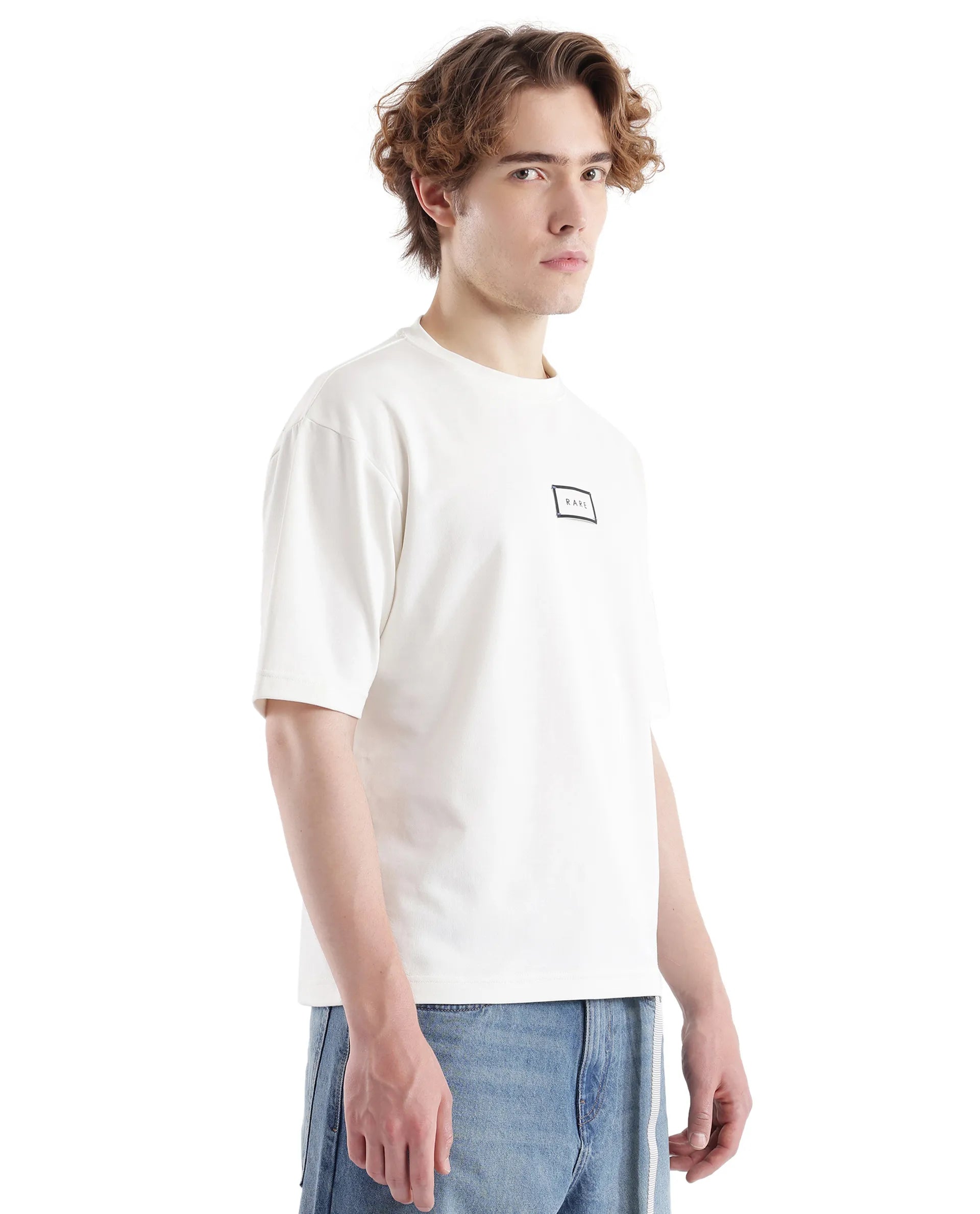 Rare Rabbit Men Persus Off White Cotton Poly Fabric Short Sleeve Boxy Fit Printed T-Shirt