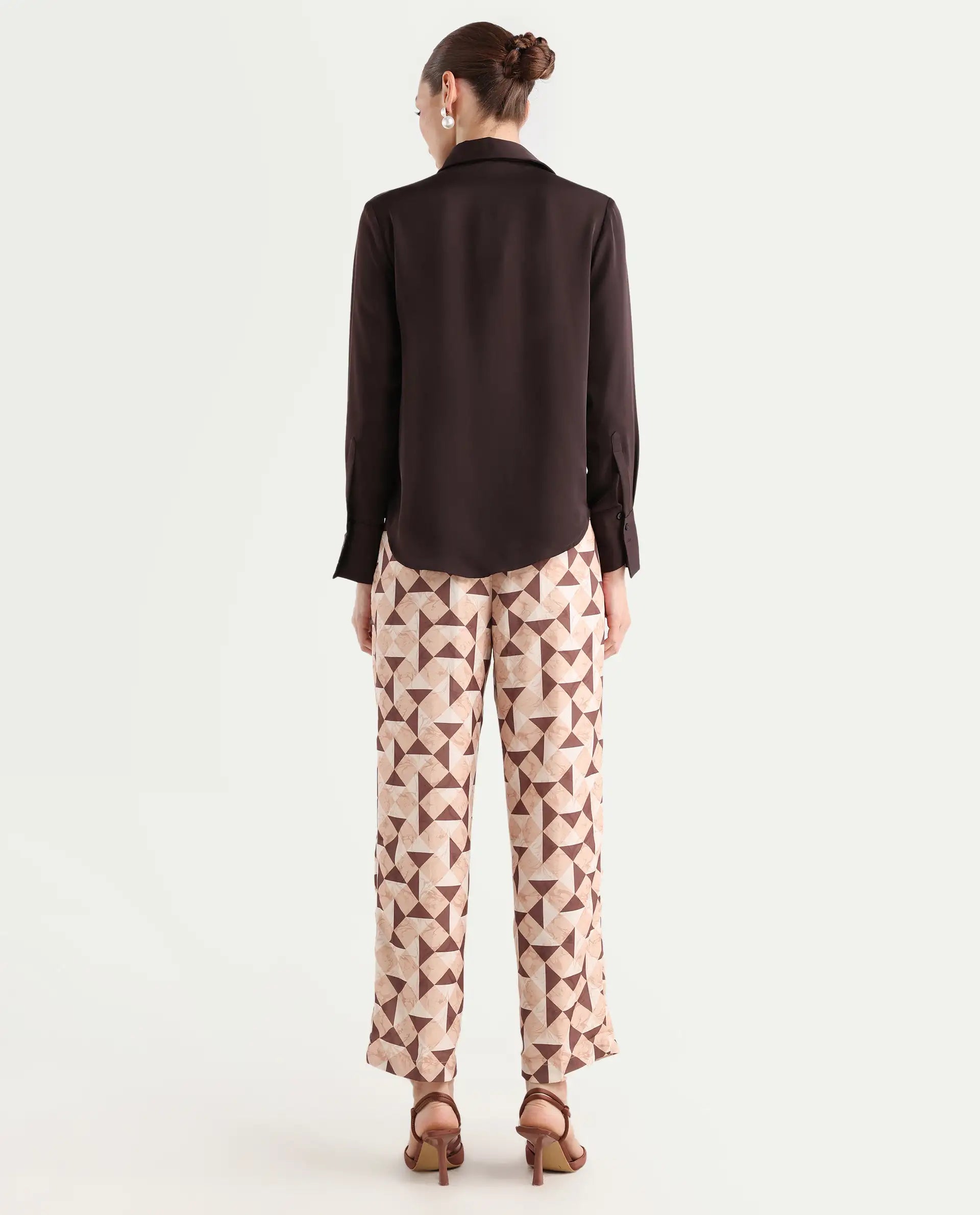 Rareism Women's Perugia Light Brown Polyester Geometric Print Ankle Length Tapered Trouser