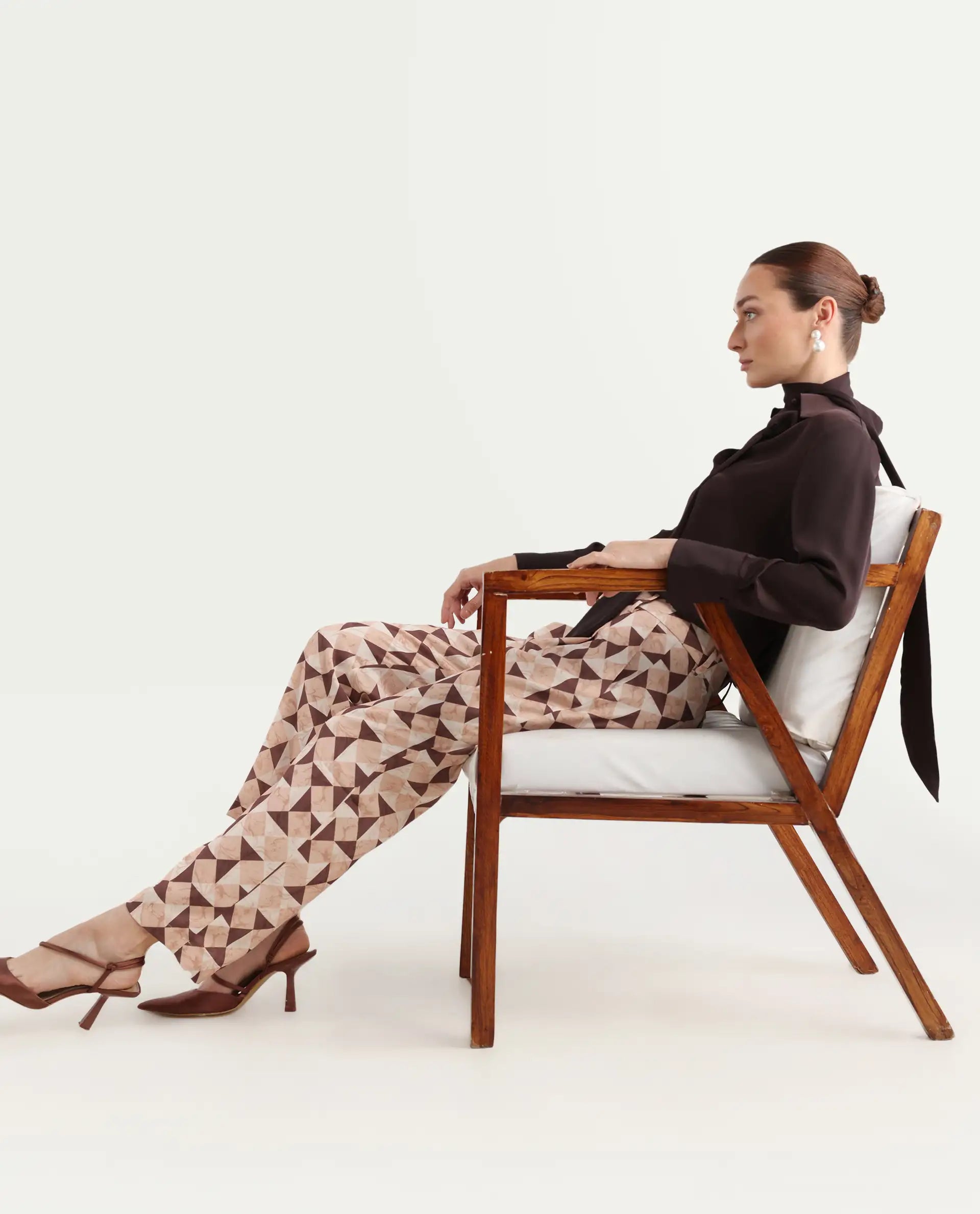 Rareism Women's Perugia Light Brown Polyester Geometric Print Ankle Length Tapered Trouser