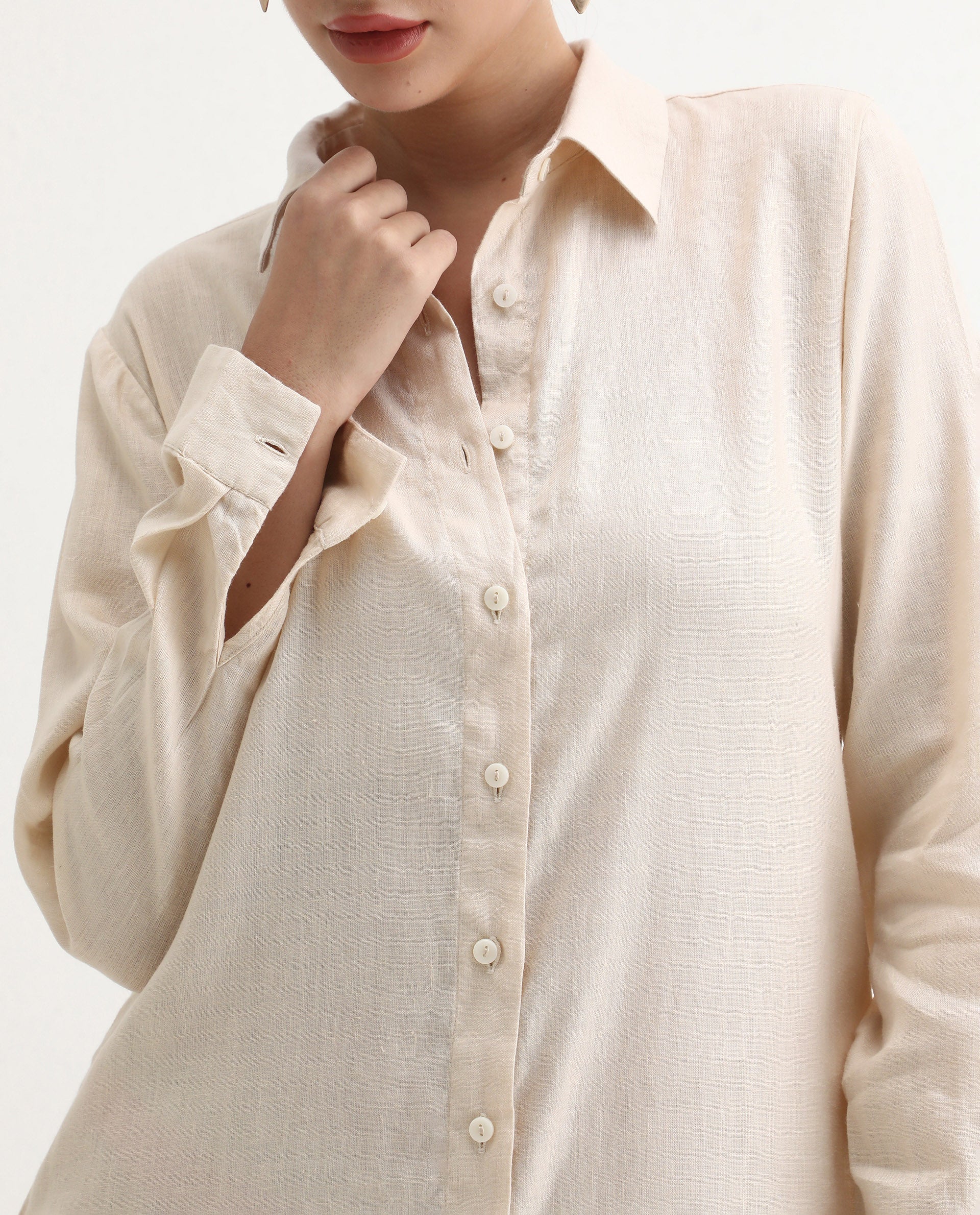 Rareism Women's Peruviano Beige Cotton Blend Drop Collar Plain Cuffed Sleeve Midi A-Line Dress