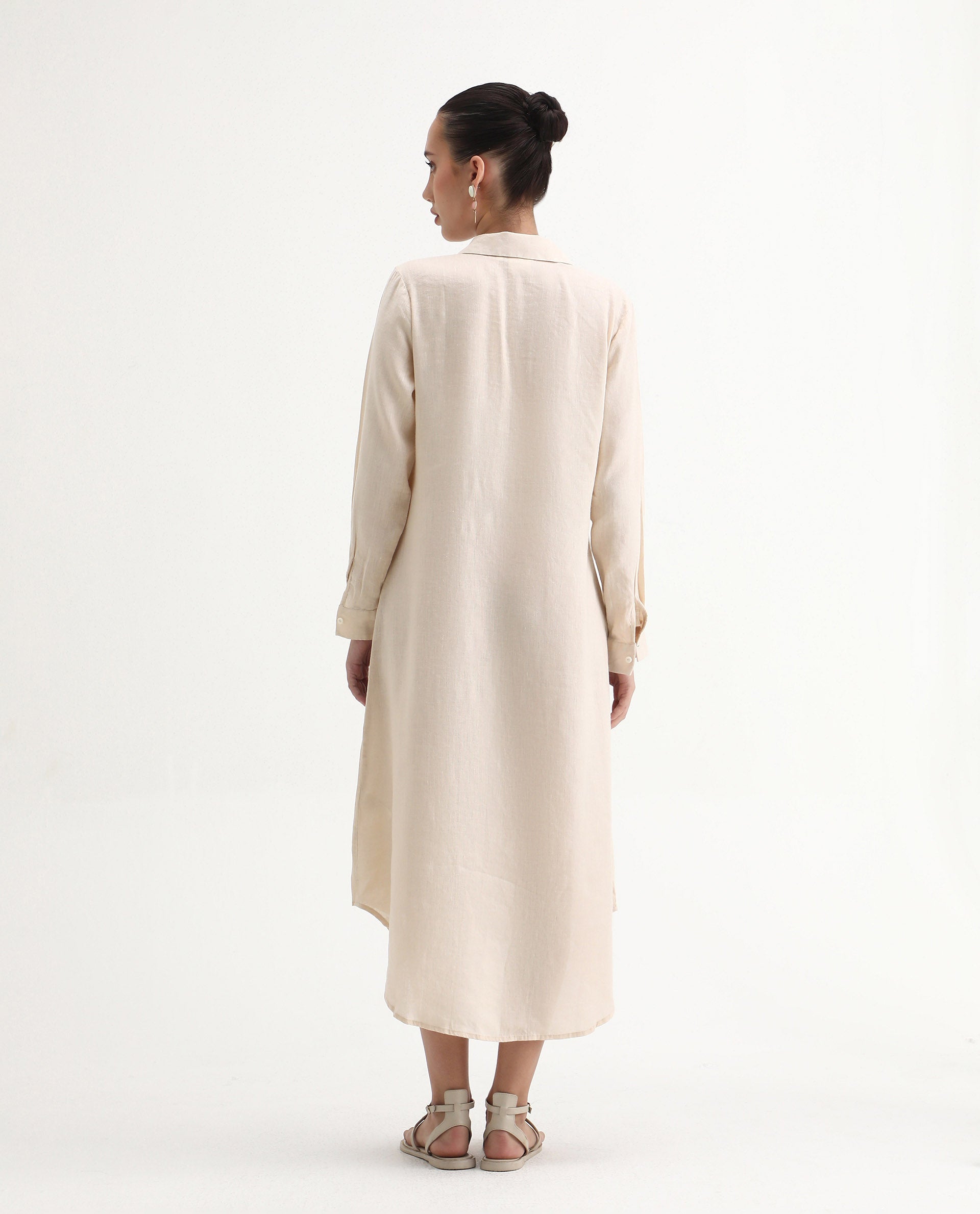 Rareism Women's Peruviano Beige Cotton Blend Drop Collar Plain Cuffed Sleeve Midi A-Line Dress