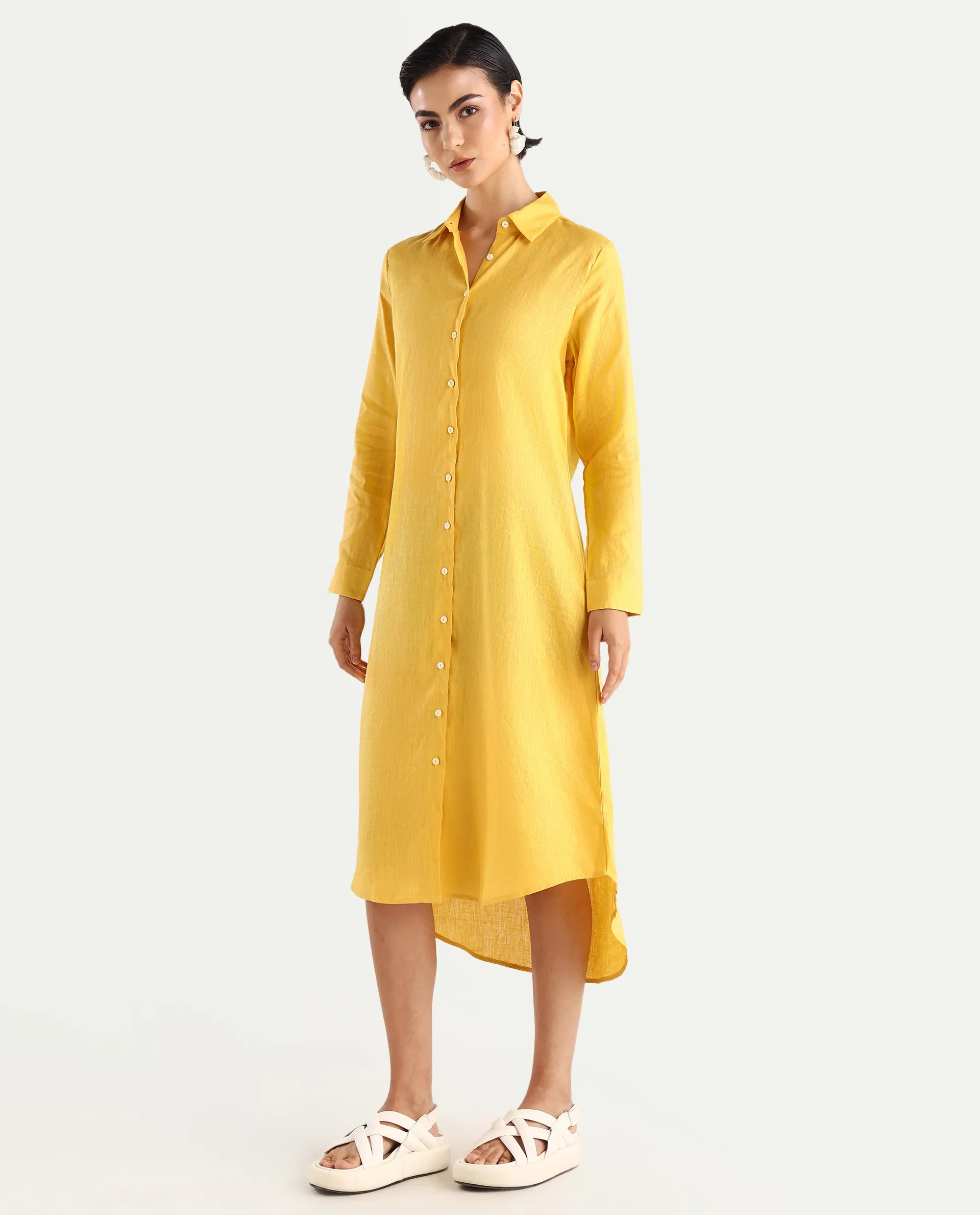 Rareism Women's Peruvian Yellow Cotton Linen Drop Collar Plain Cuffed Sleeve Midi A-Line Dress