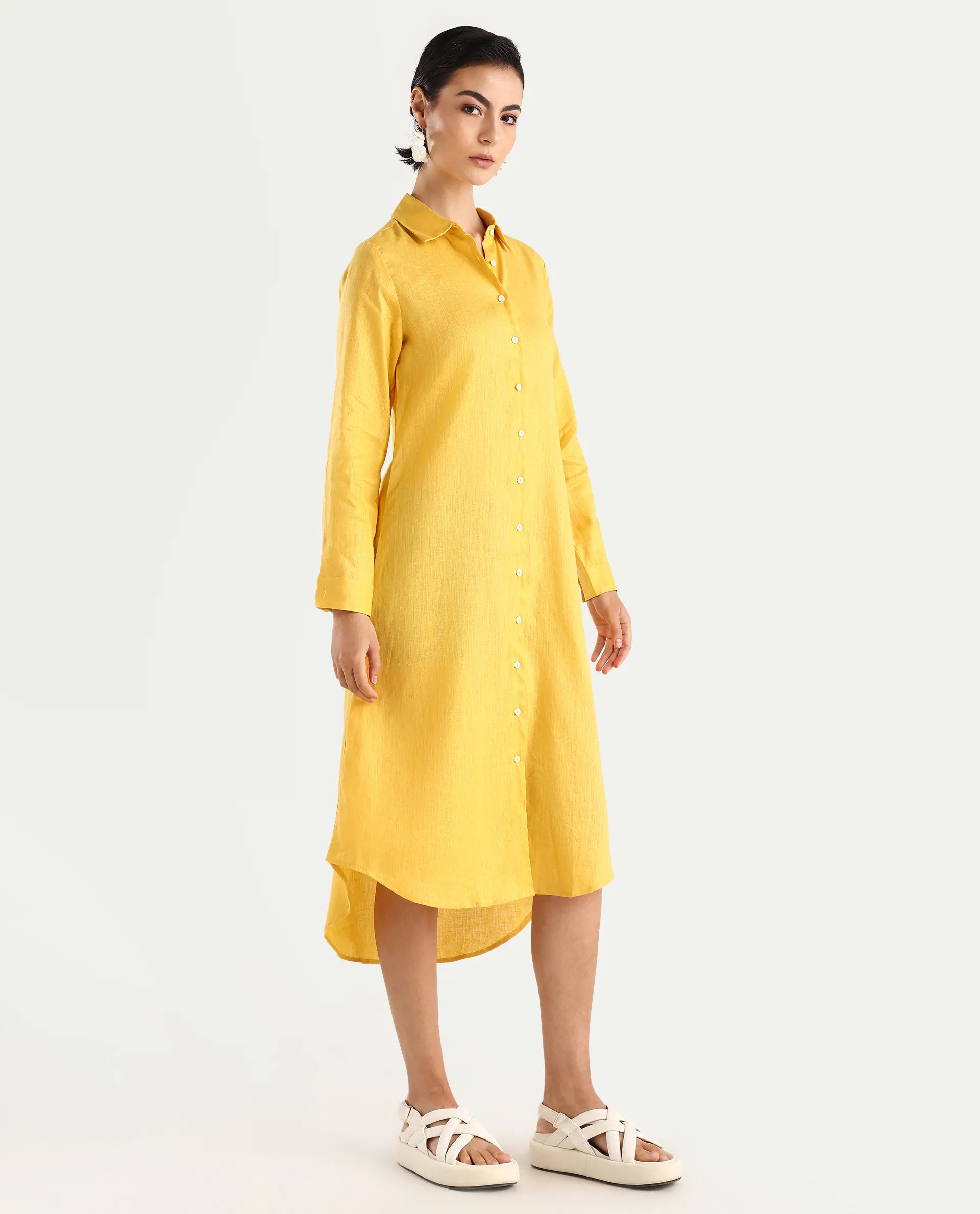 Rareism Women's Peruvian Yellow Cotton Linen Drop Collar Plain Cuffed Sleeve Midi A-Line Dress