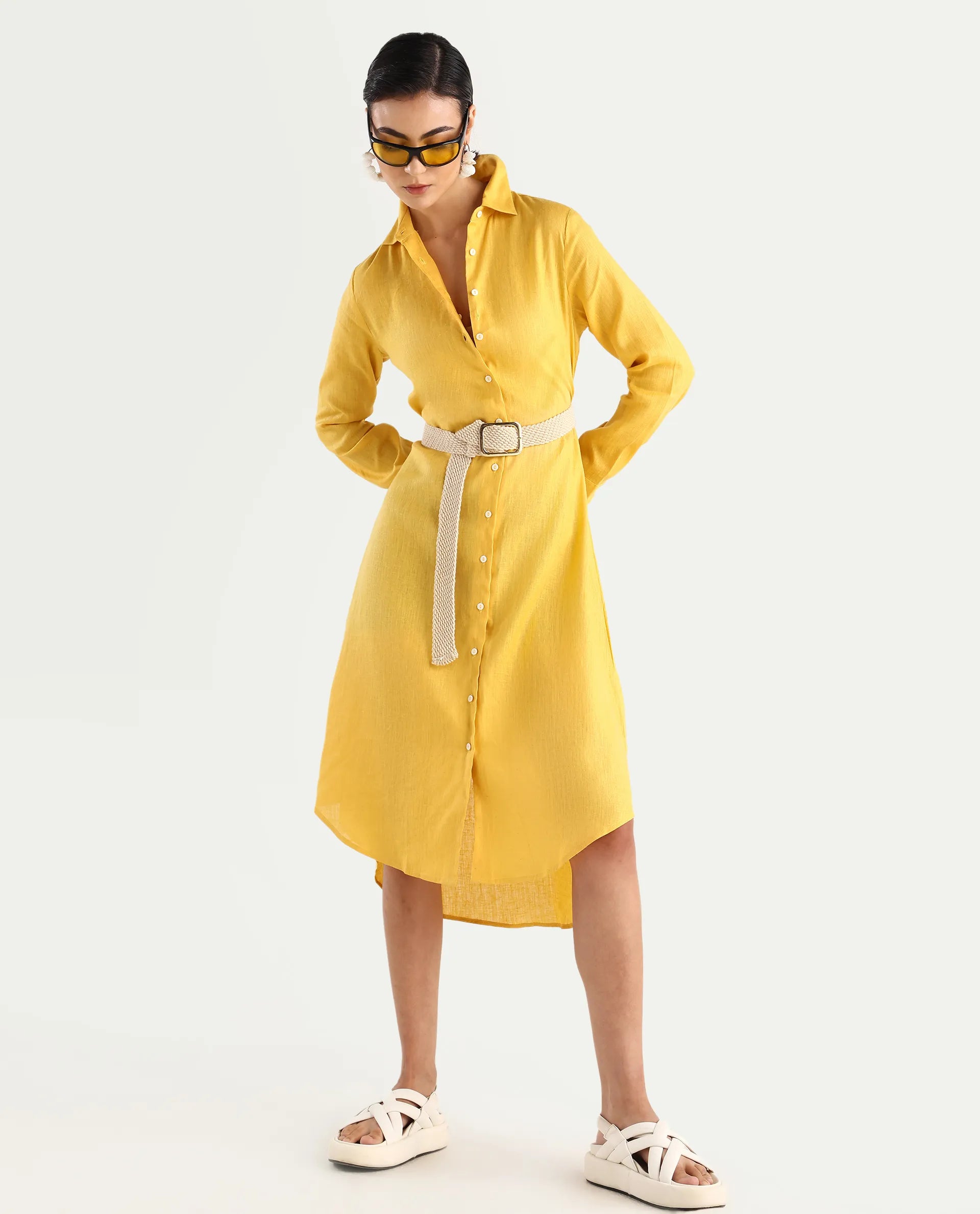 Buy Peruvian - Yellow Plain Midi Dress| Rareism Buy Peruvian - Yellow Plain Midi Dress| Rareism
