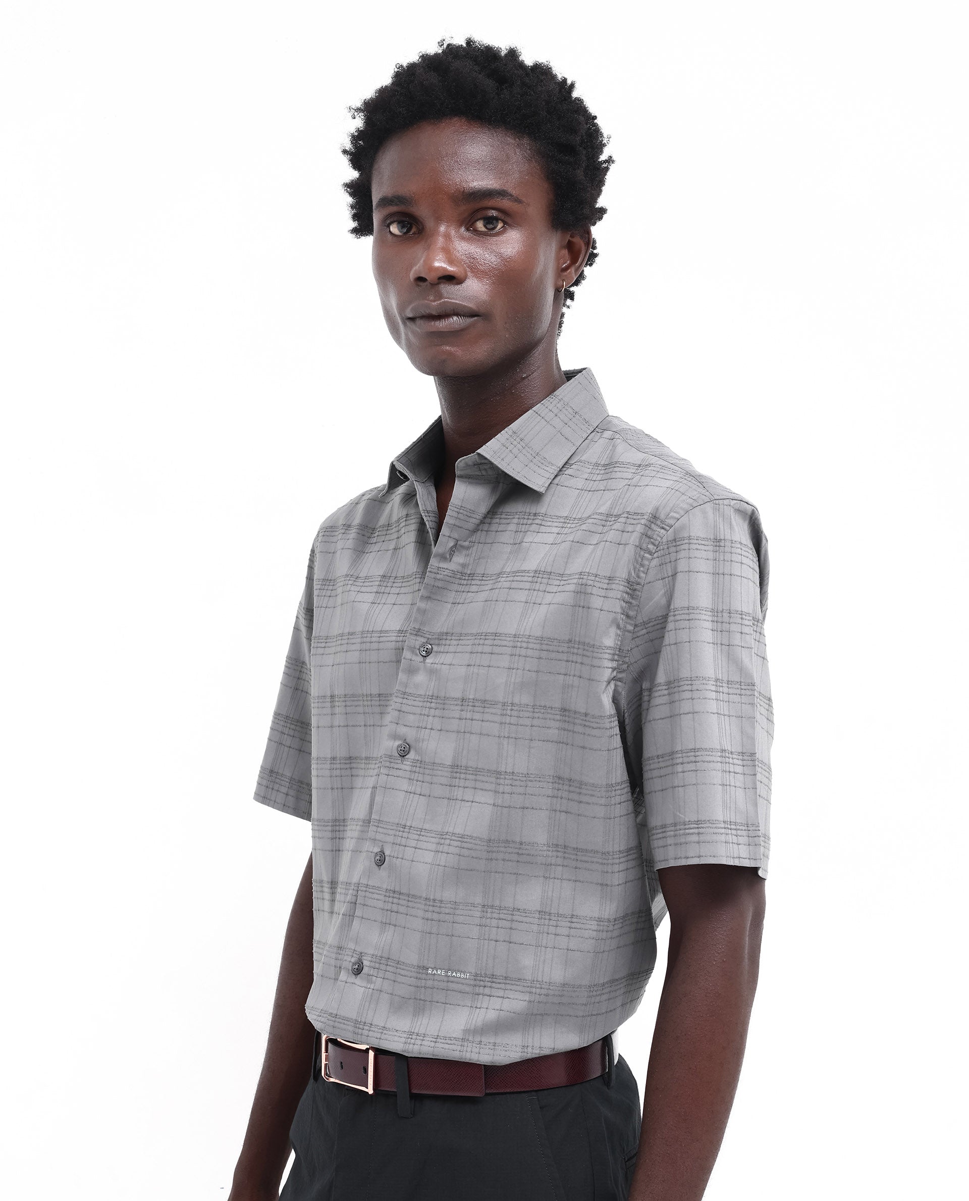 Rare Rabbit Men's Pesca Dusky Grey Cotton Polyester Fabric Short Sleeve Boxy Fit Checks Shirt