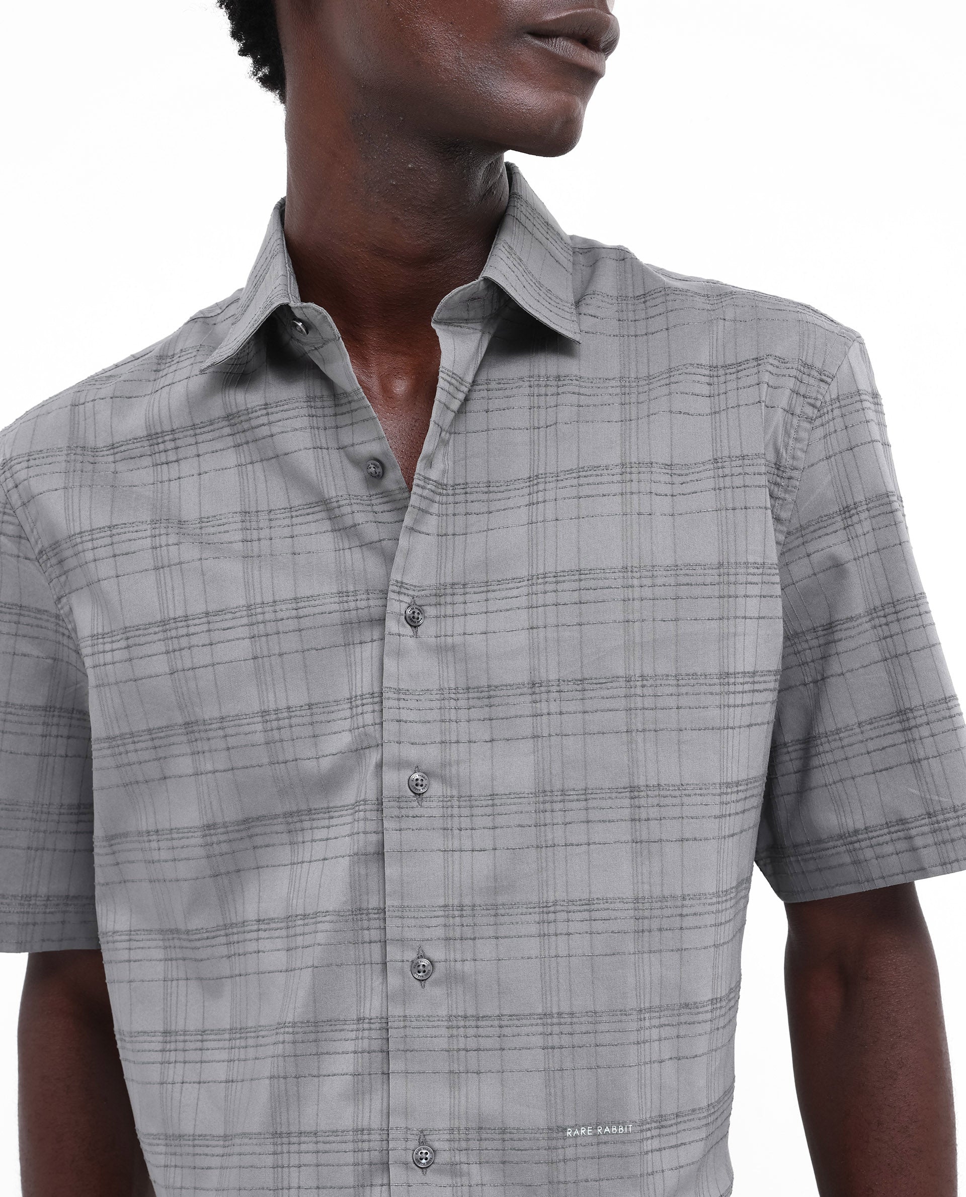 Rare Rabbit Men's Pesca Dusky Grey Cotton Polyester Fabric Short Sleeve Boxy Fit Checks Shirt