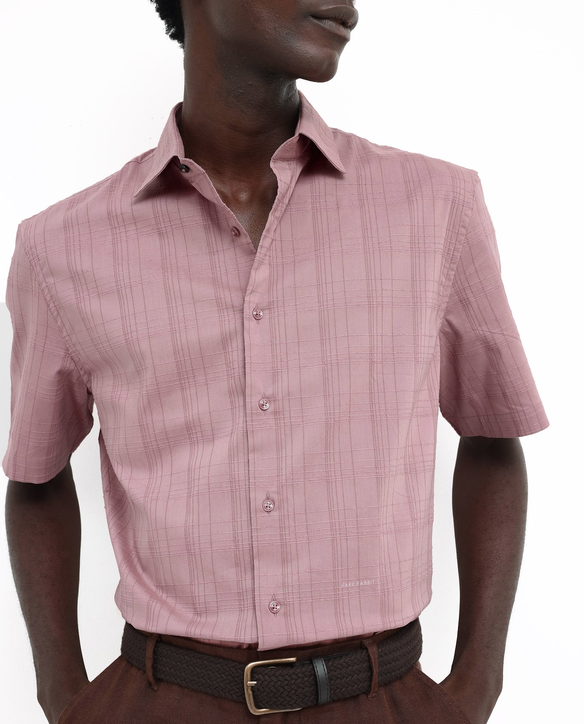 Rare Rabbit Men's Pesca Dusky Pink Cotton Polyester Fabric Short Sleeve Boxy Fit Checks Shirt