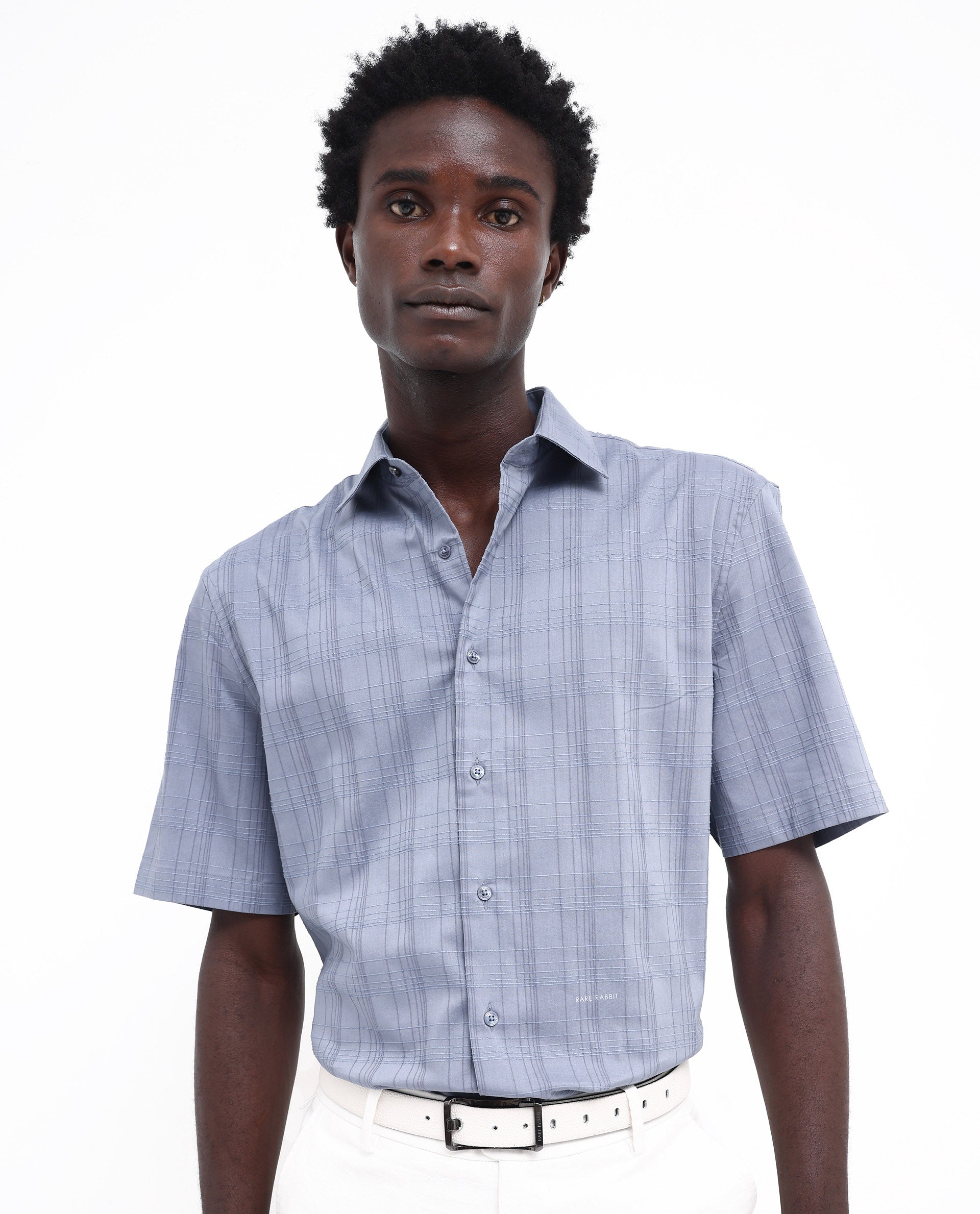 Rare Rabbit Men's Pesca Dusky Blue Cotton Polyester Fabric Short Sleeve Boxy Fit Checks Shirt