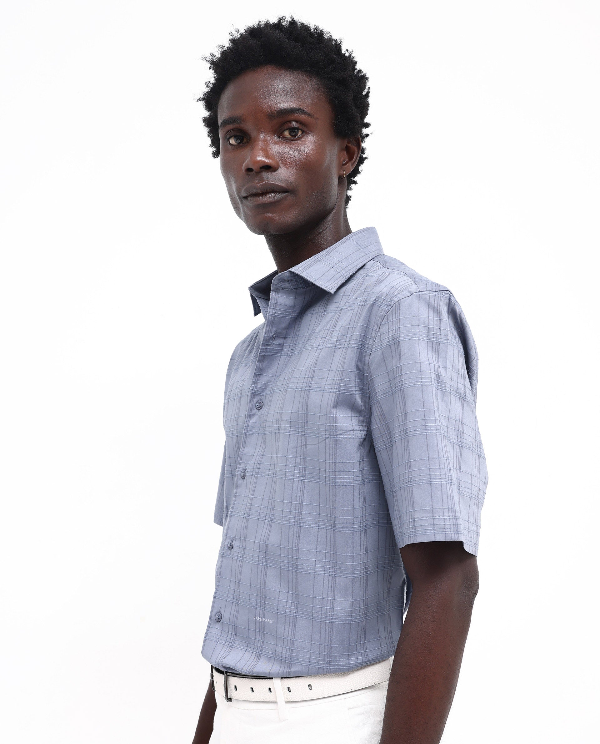 Rare Rabbit Men's Pesca Dusky Blue Cotton Polyester Fabric Short Sleeve Boxy Fit Checks Shirt