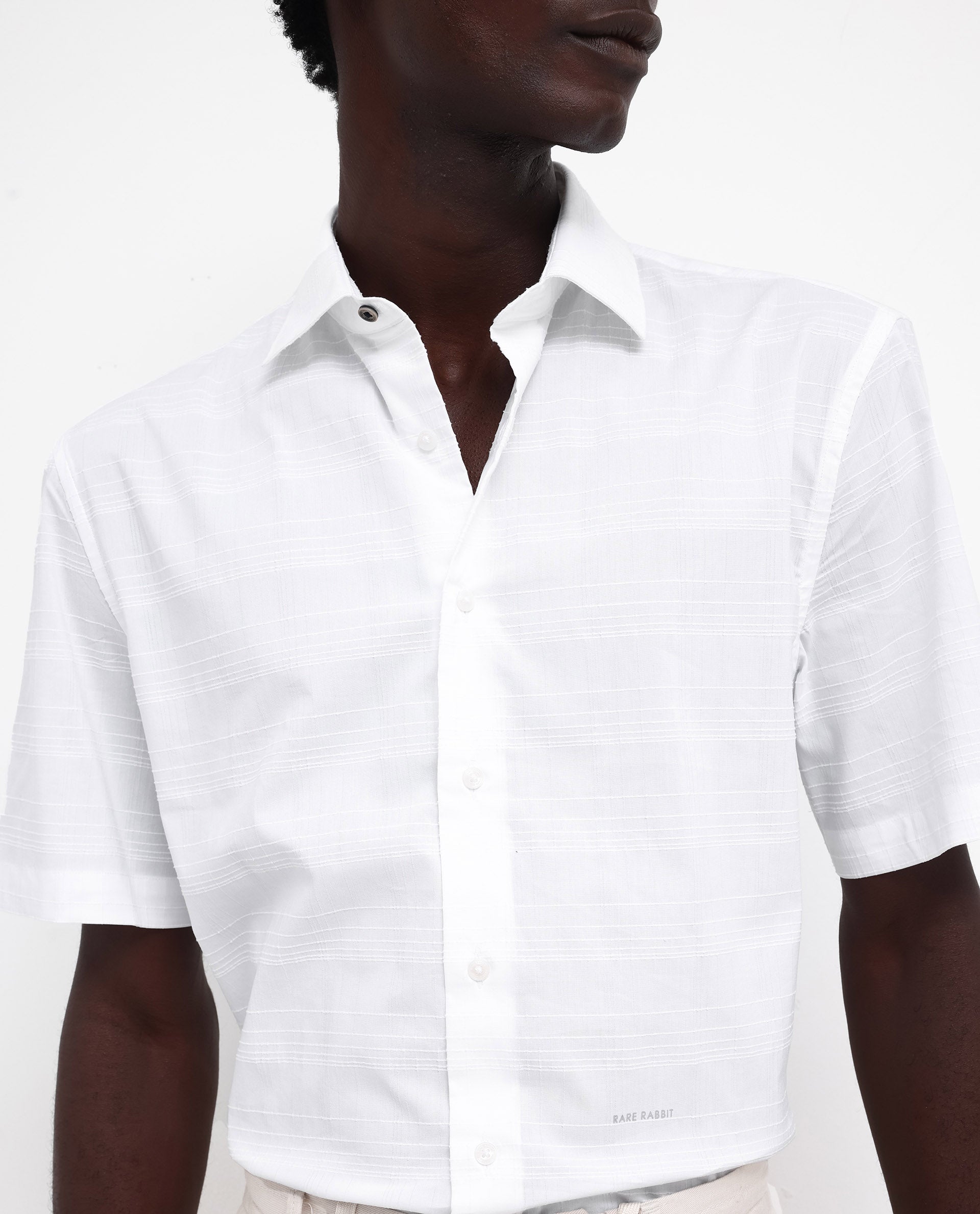 Rare Rabbit Men's Pesca White Cotton Polyester Fabric Short Sleeve Boxy Fit Checks Shirt
