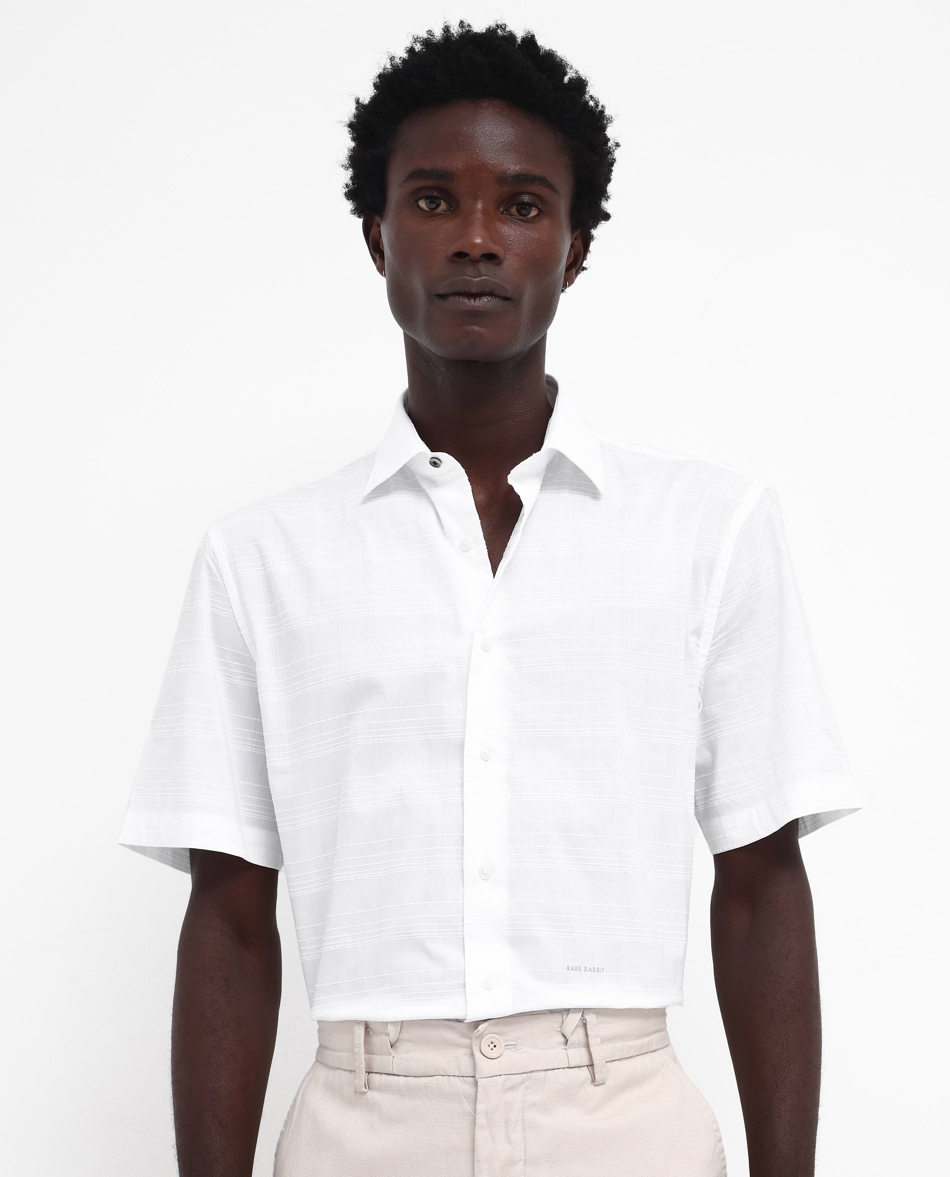 Rare Rabbit Men's Pesca White Cotton Polyester Fabric Short Sleeve Boxy Fit Checks Shirt