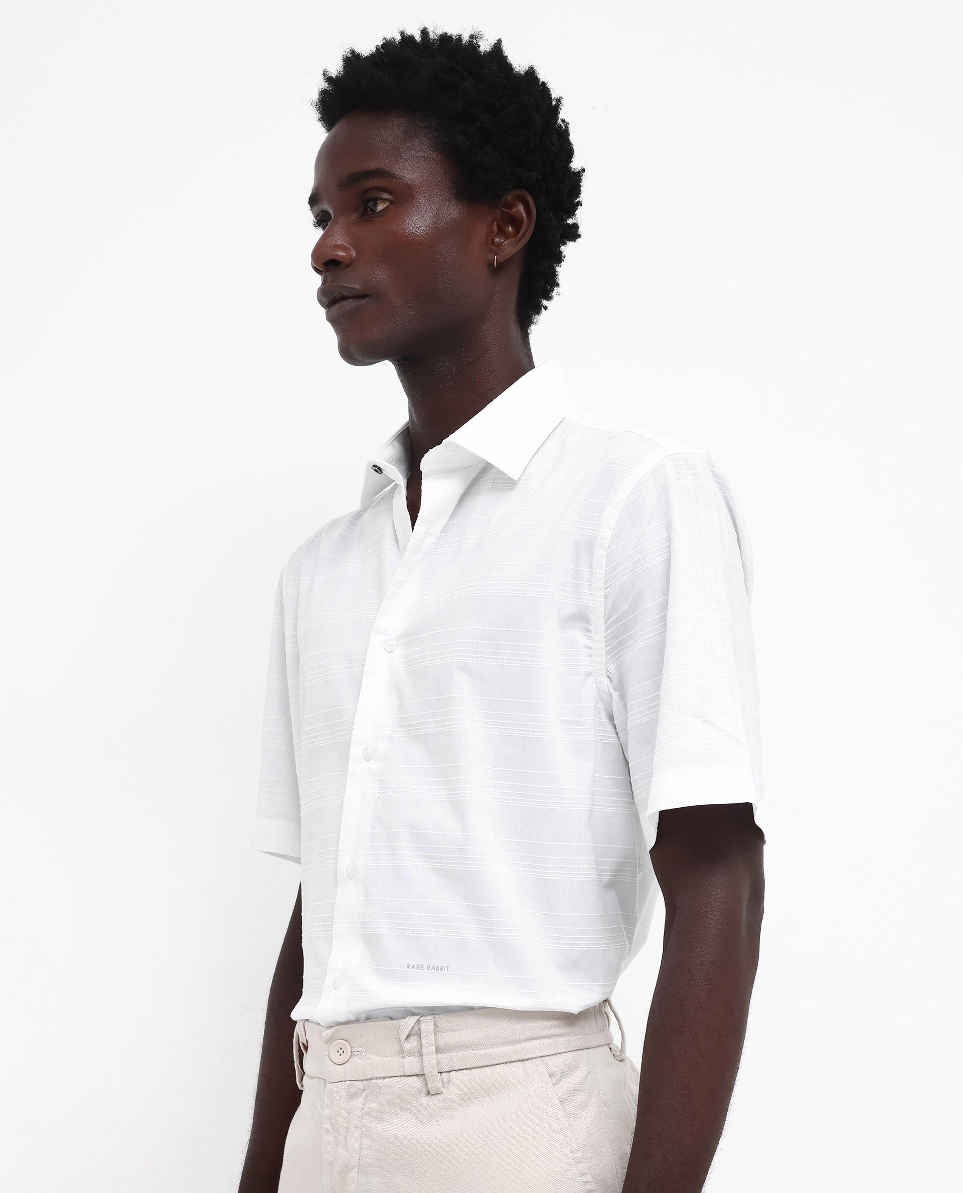 Rare Rabbit Men's Pesca White Cotton Polyester Fabric Short Sleeve Boxy Fit Checks Shirt