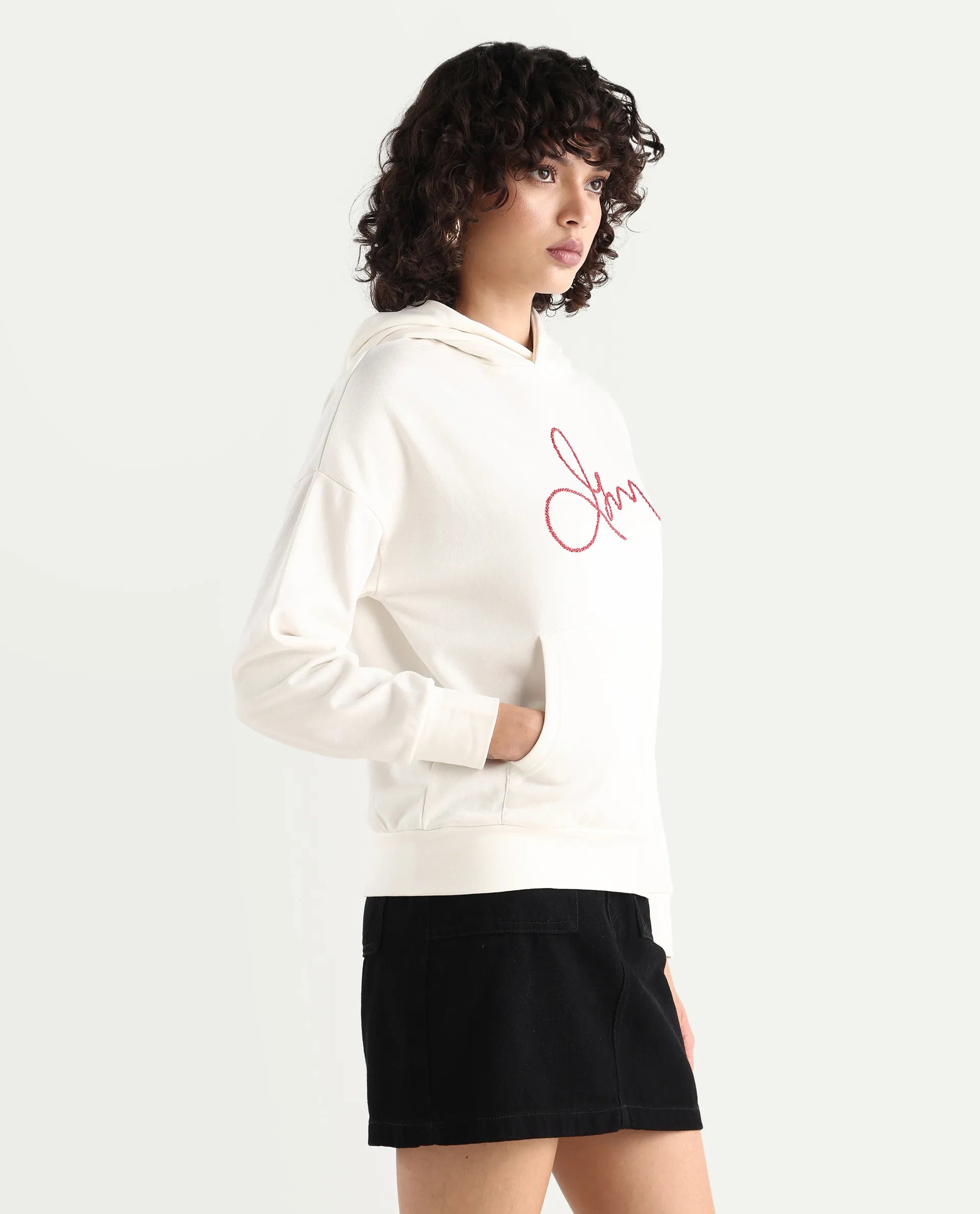 Rareism Women's Pesm Off White Knit Hooded Plain Relaxed Fit Sweatshirt