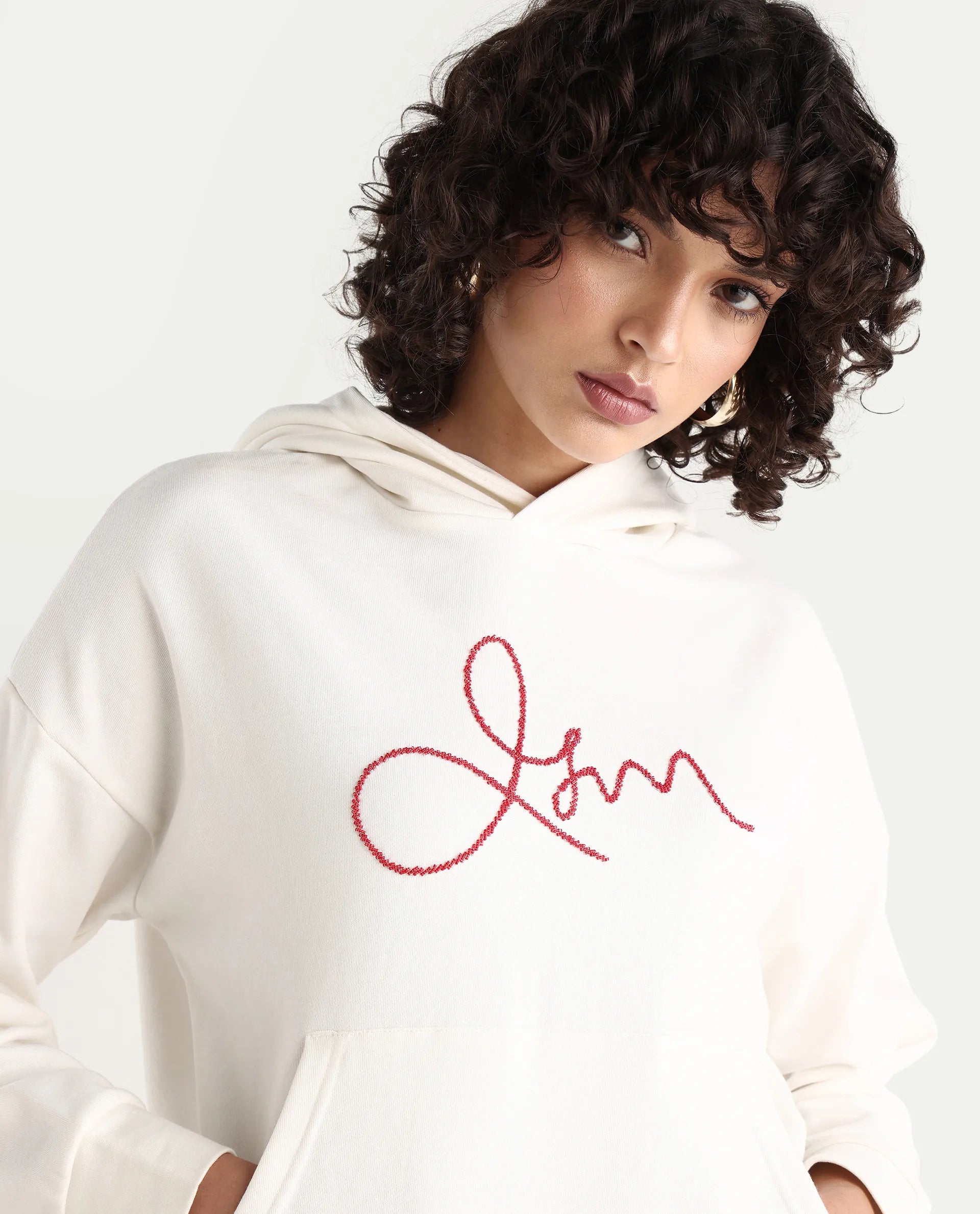 Rareism Women's Pesm Off White Knit Hooded Plain Relaxed Fit Sweatshirt