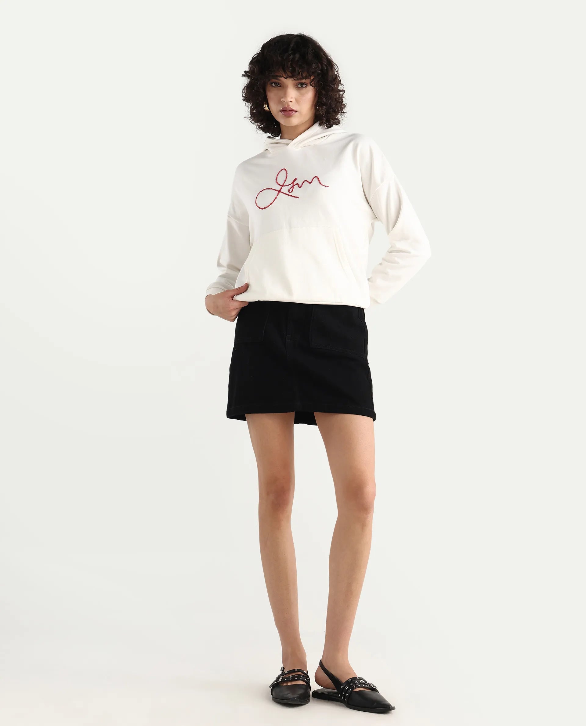 Rareism Women's Pesm Off White Knit Hooded Plain Relaxed Fit Sweatshirt