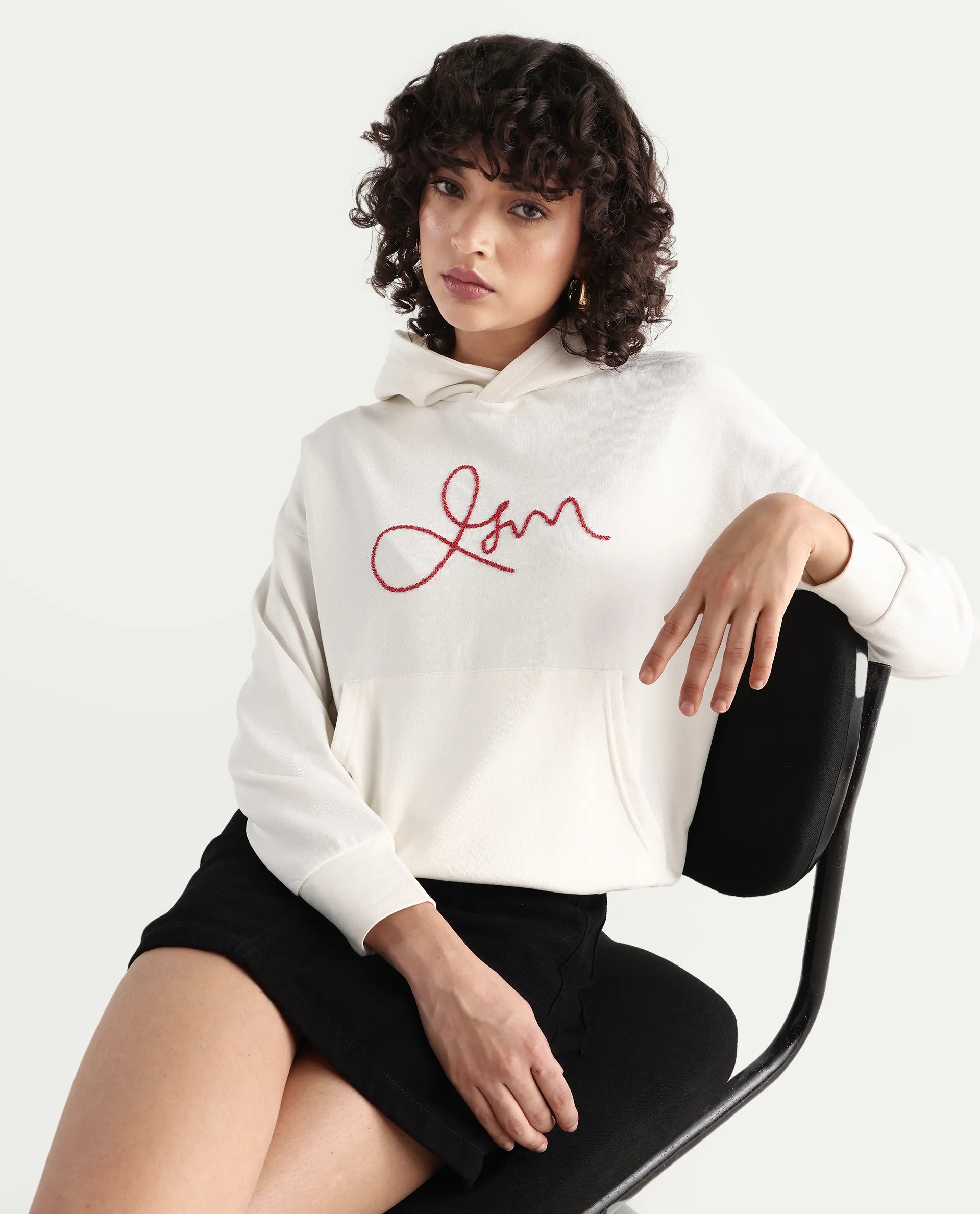 Rareism Women's Pesm Off White Knit Hooded Plain Relaxed Fit Sweatshirt