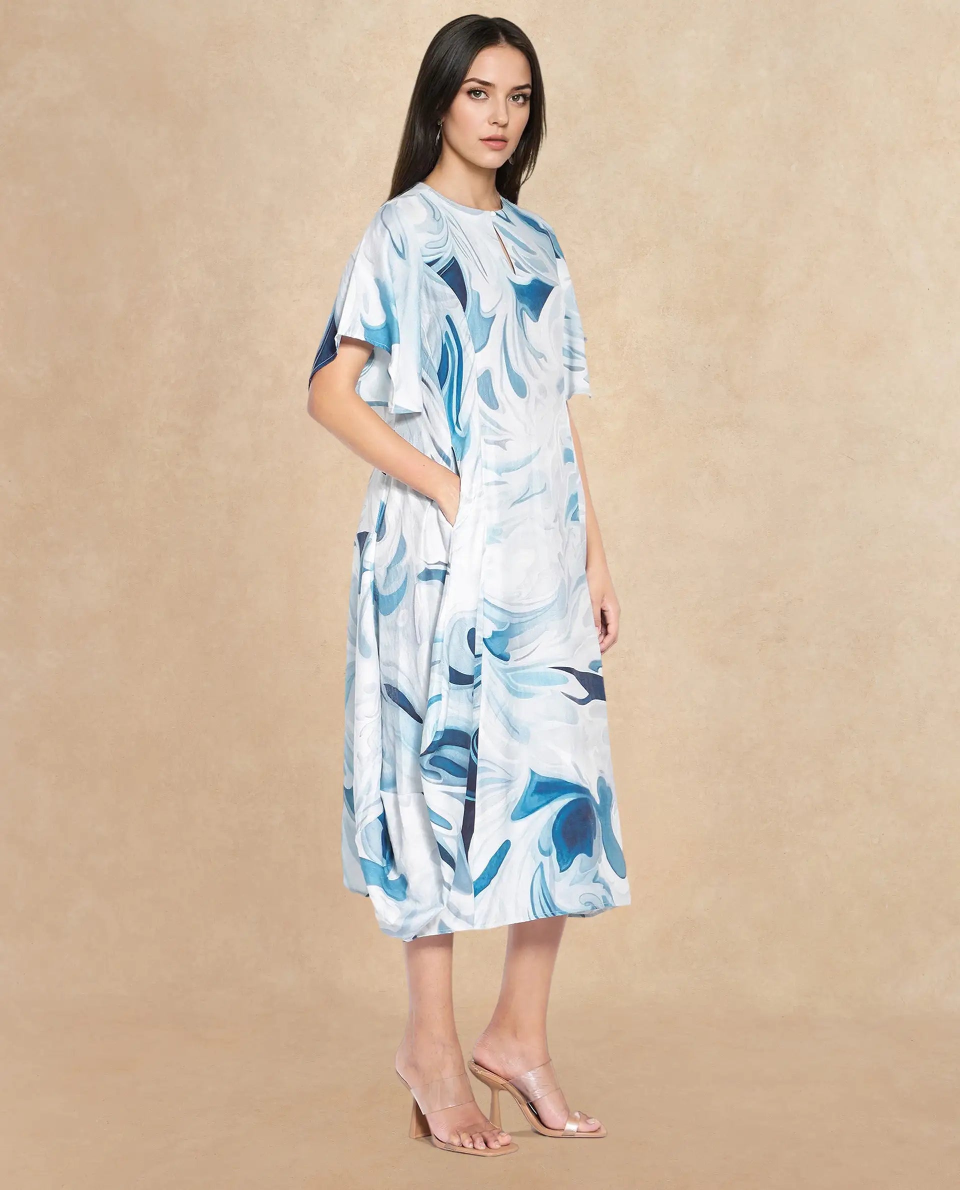 Rareism Women Pesto Light Blue 3/4Th Sleeve V-Neck Balloon Fit Abstract Print Midi Dress