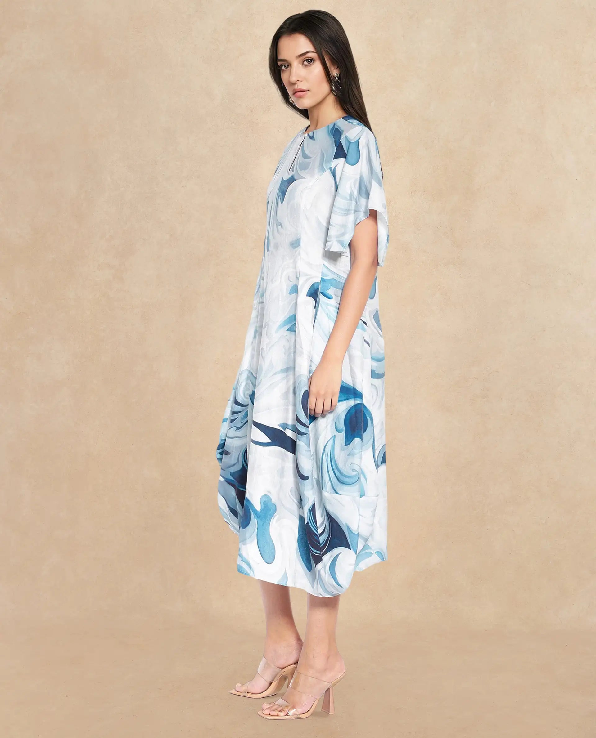 Rareism Women Pesto Light Blue 3/4Th Sleeve V-Neck Balloon Fit Abstract Print Midi Dress