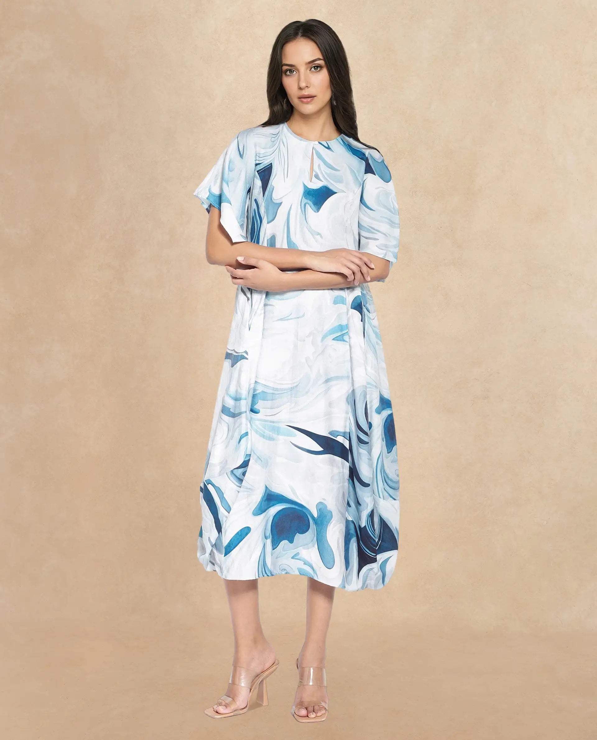 Rareism Women Pesto Light Blue 3/4Th Sleeve V-Neck Balloon Fit Abstract Print Midi Dress