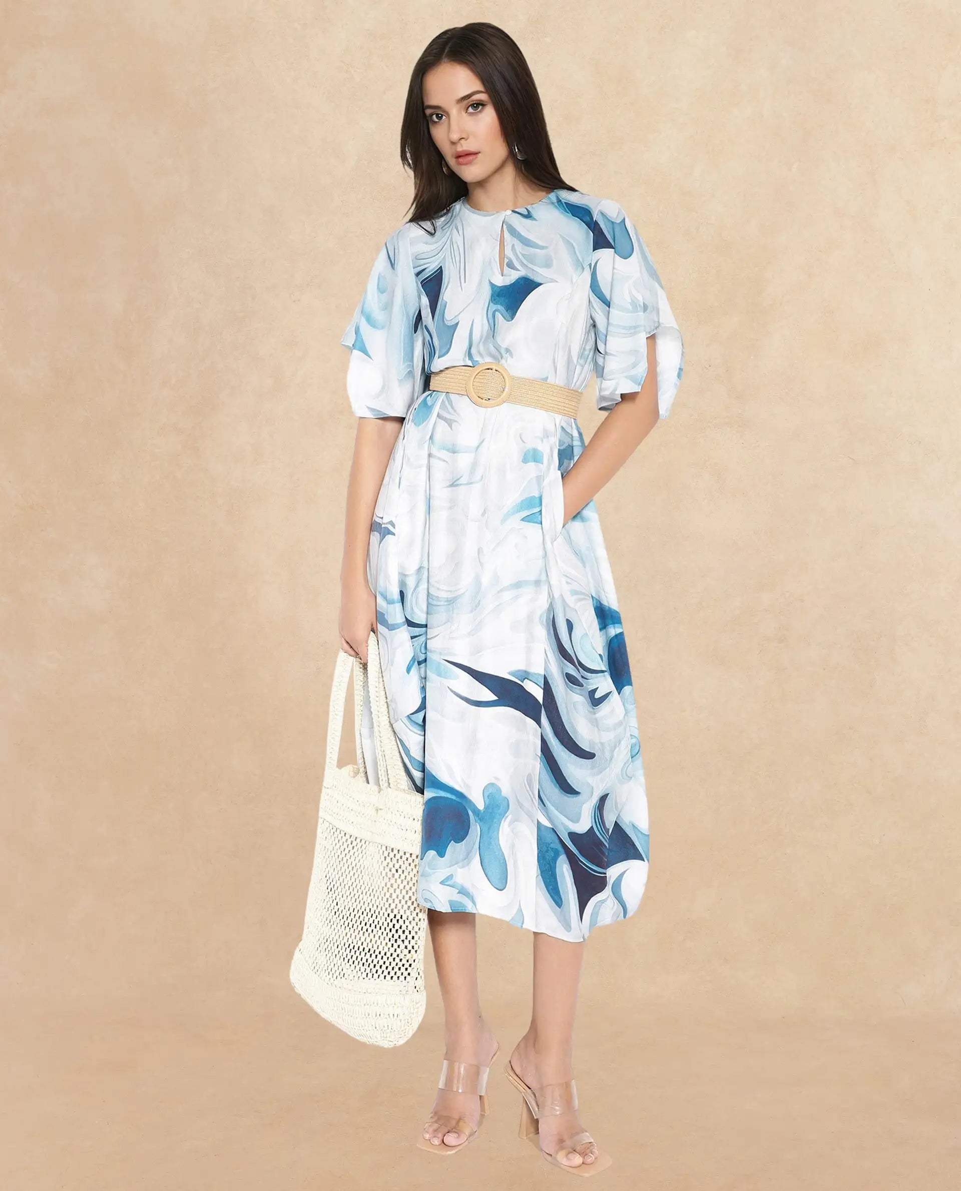Rareism Women Pesto Light Blue 3/4Th Sleeve V-Neck Balloon Fit Abstract Print Midi Dress